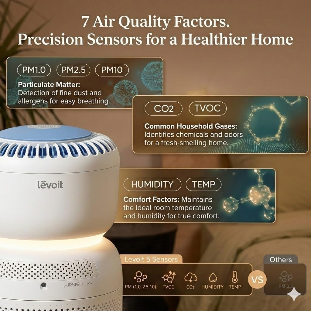 Detalle de Levoit Sprout Smart Air Purifier for Bedroom – 5 Smart Sensors, 7 Air Quality Factors, HEPA Filtration
