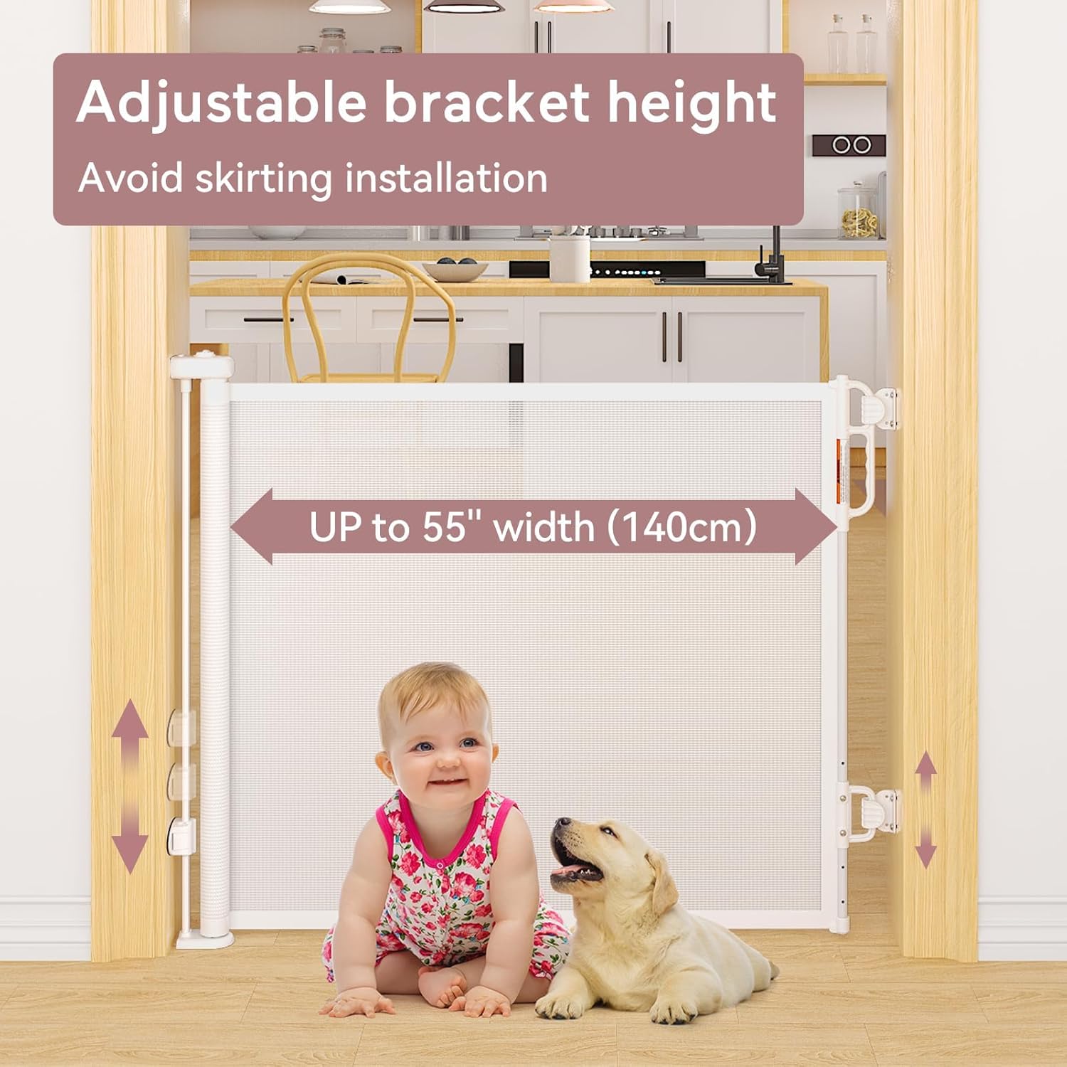 Detalle de Momcozy Retractable Mesh Baby Gate – 33" tall, extends up to 55" wide for doorways, stairs, and hallways