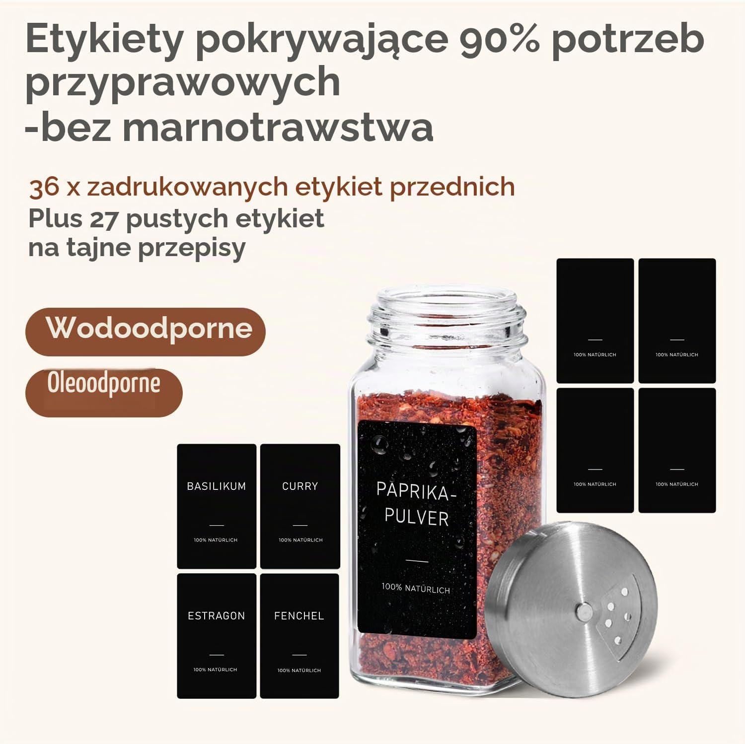 Detalle de ComSaf – kwadratowe szklane słoiczki na przyprawy 12 × 120 ml z etykietami