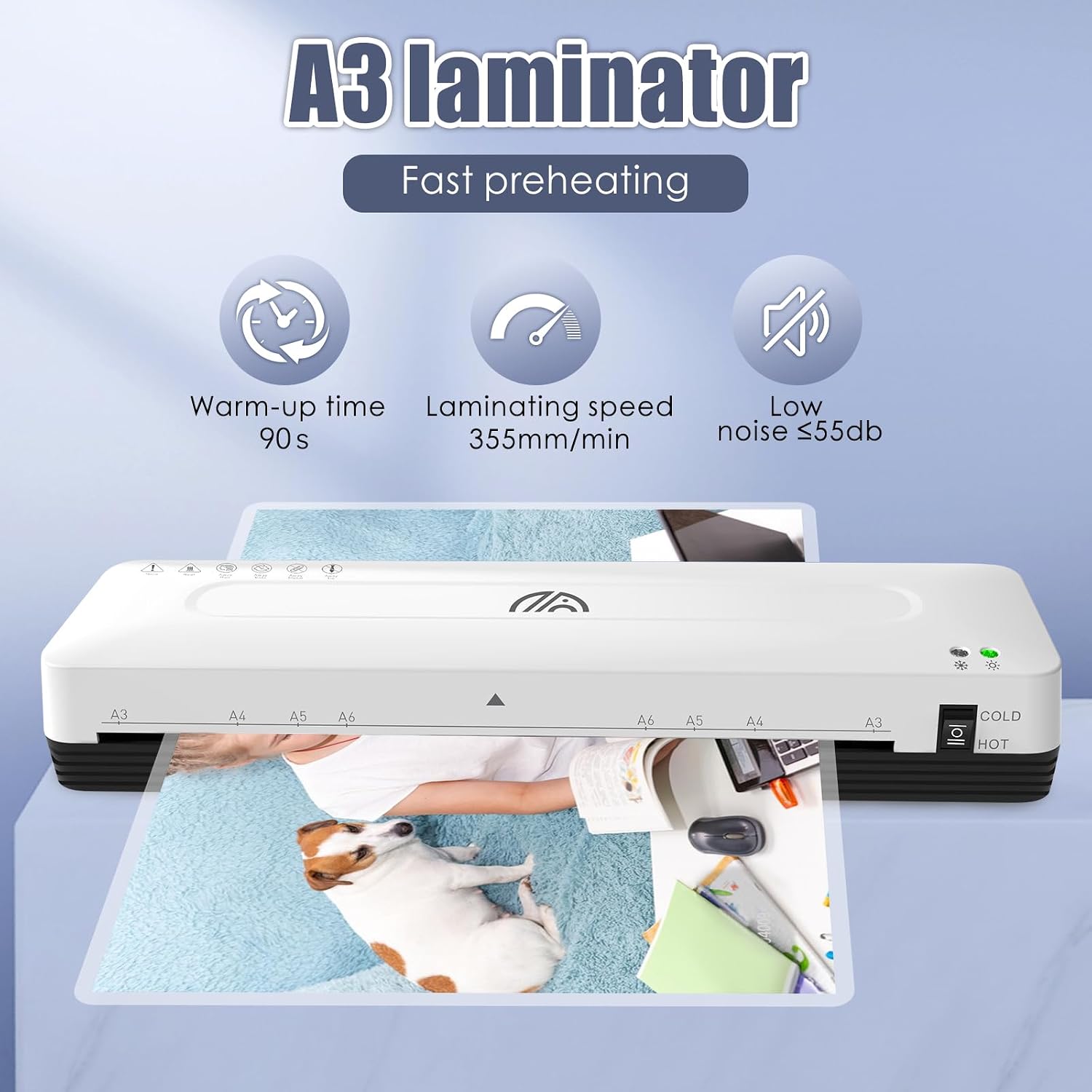 Detalle de A3 Laminator: 5-in-1 Laminating Machine with Cold & Thermal Modes for A3–A6, Built-in Cutter & Corner Rounder