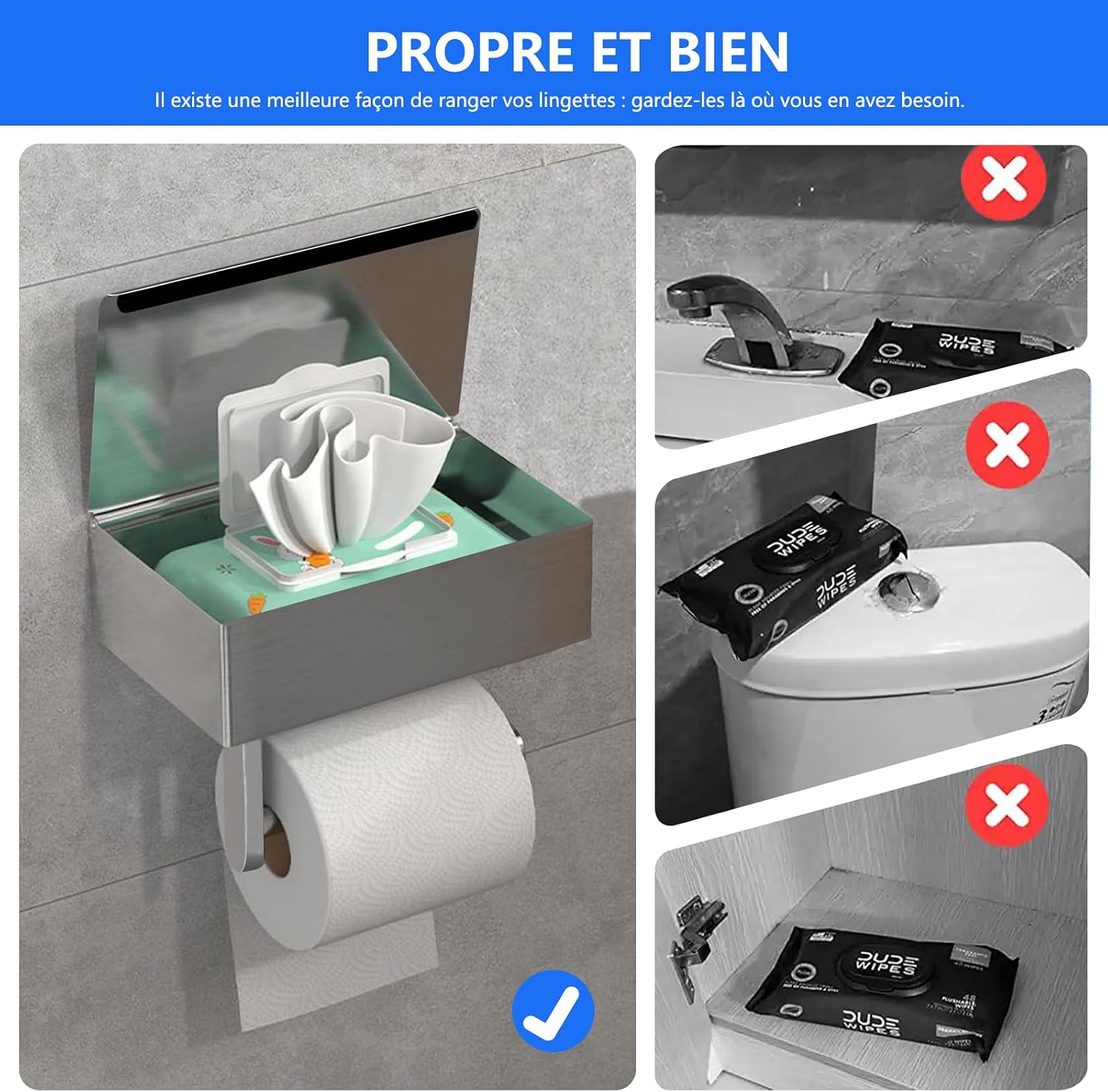 Detalle de Porte-Papier Toilette mural GUIGUZI avec étagères et boîte à lingettes – Argent