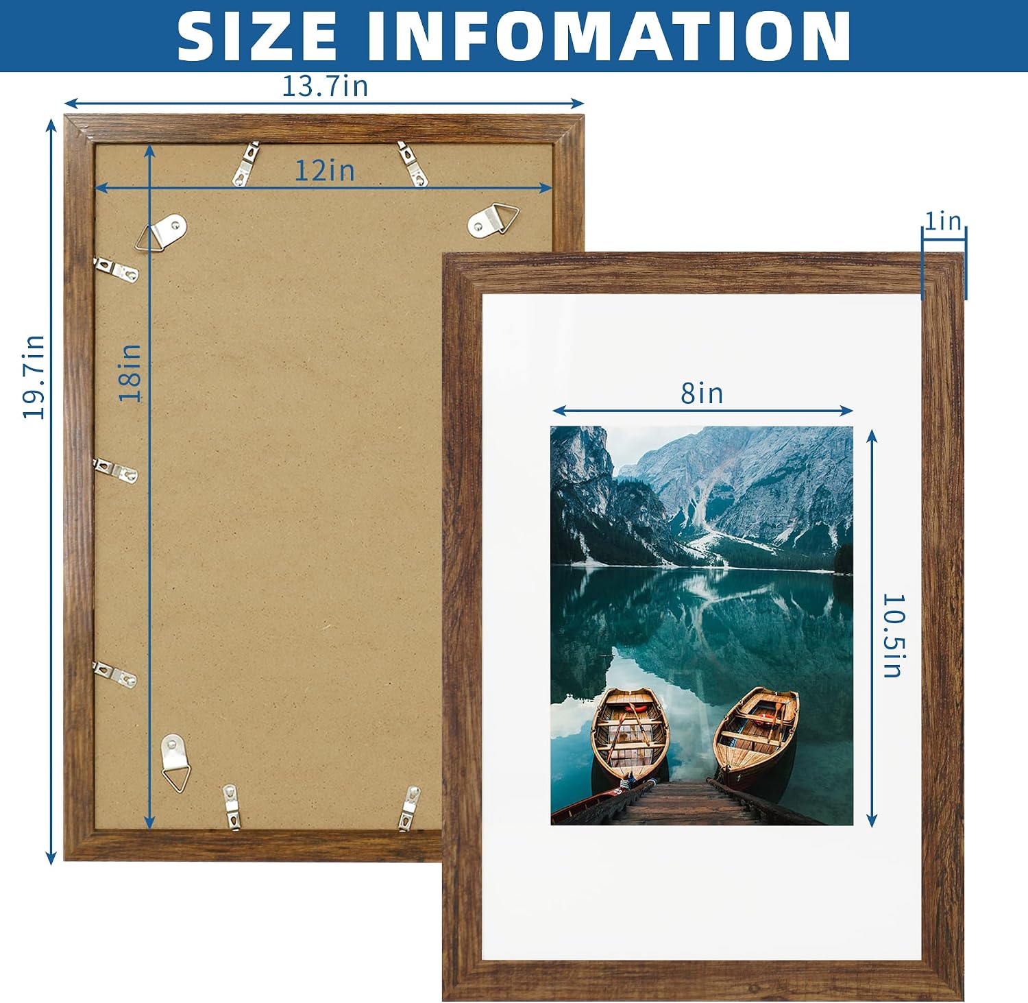 Detalle de Hongkee 12x18 Frame Set of 2 (Rustic Brown Wood Style) for 12x18 Posters or 8.5x11 Photos with Mat