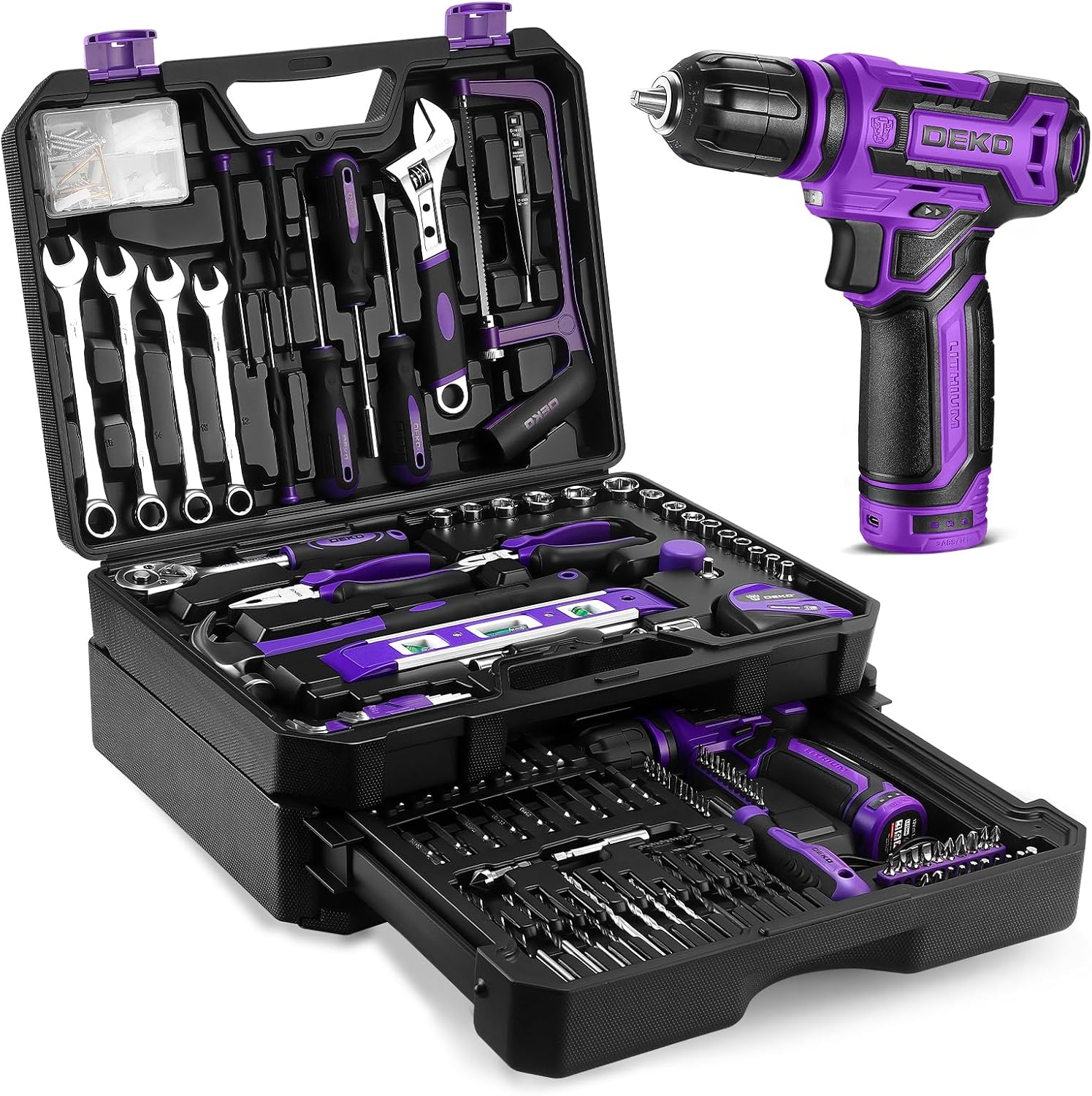Detalle de DEKO Set di attrezzi da 238 pezzi con trapano a batteria 12 V, viola: kit completo per lavori domestici