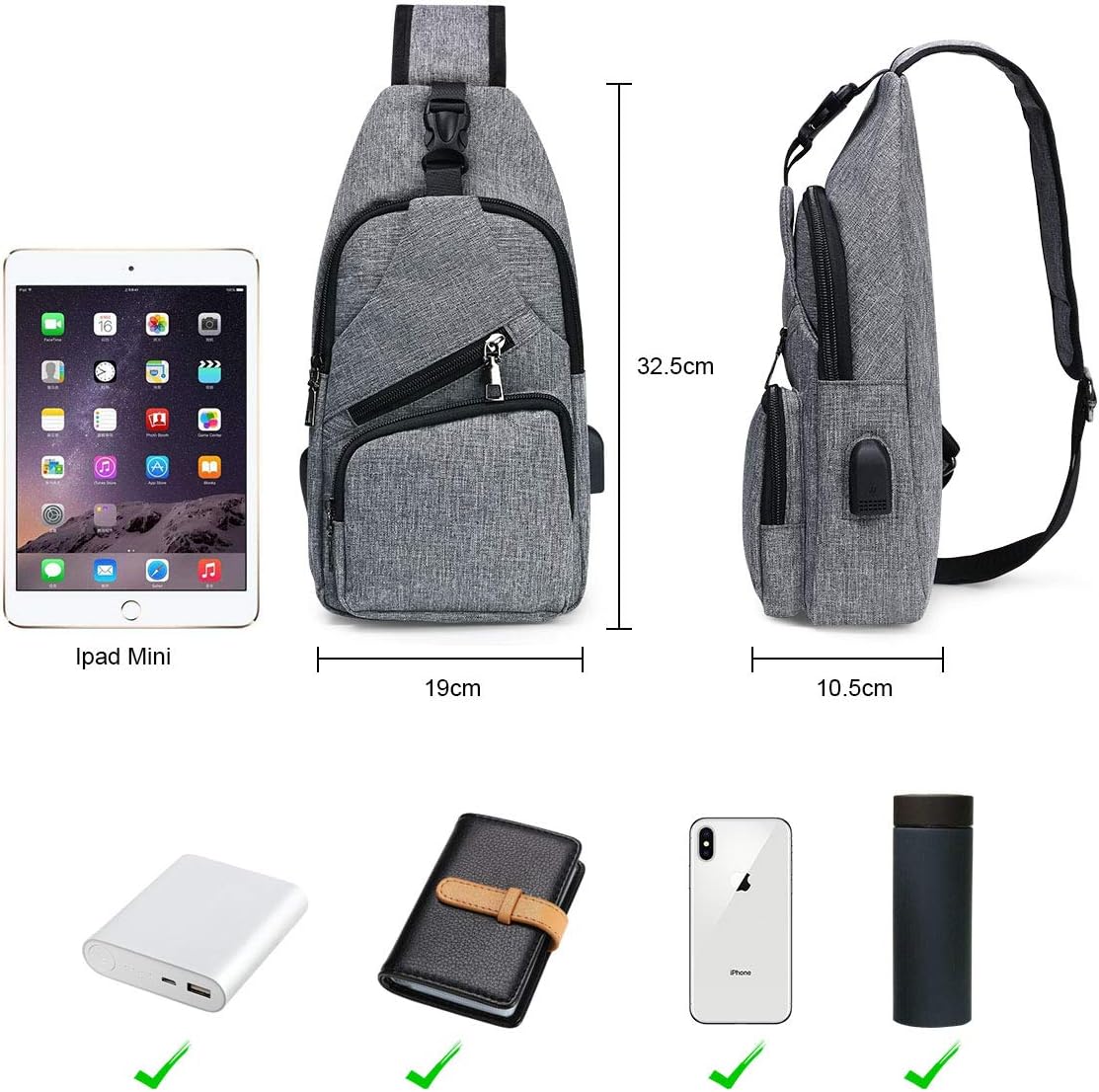 Detalle 2 de flintronic Sling Bag with USB Charging Port – water-repellent crossbody/chest bag for hiking, cycling and travel