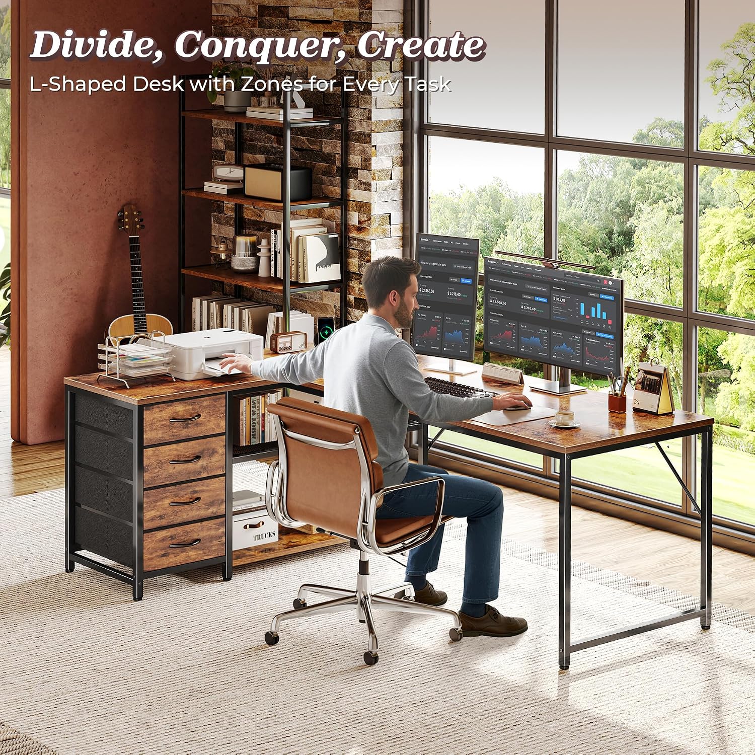 Detalle 2 de PRAISUN 61" L-Shaped Desk with Power Outlets, 4 Drawers, Rustic Brown