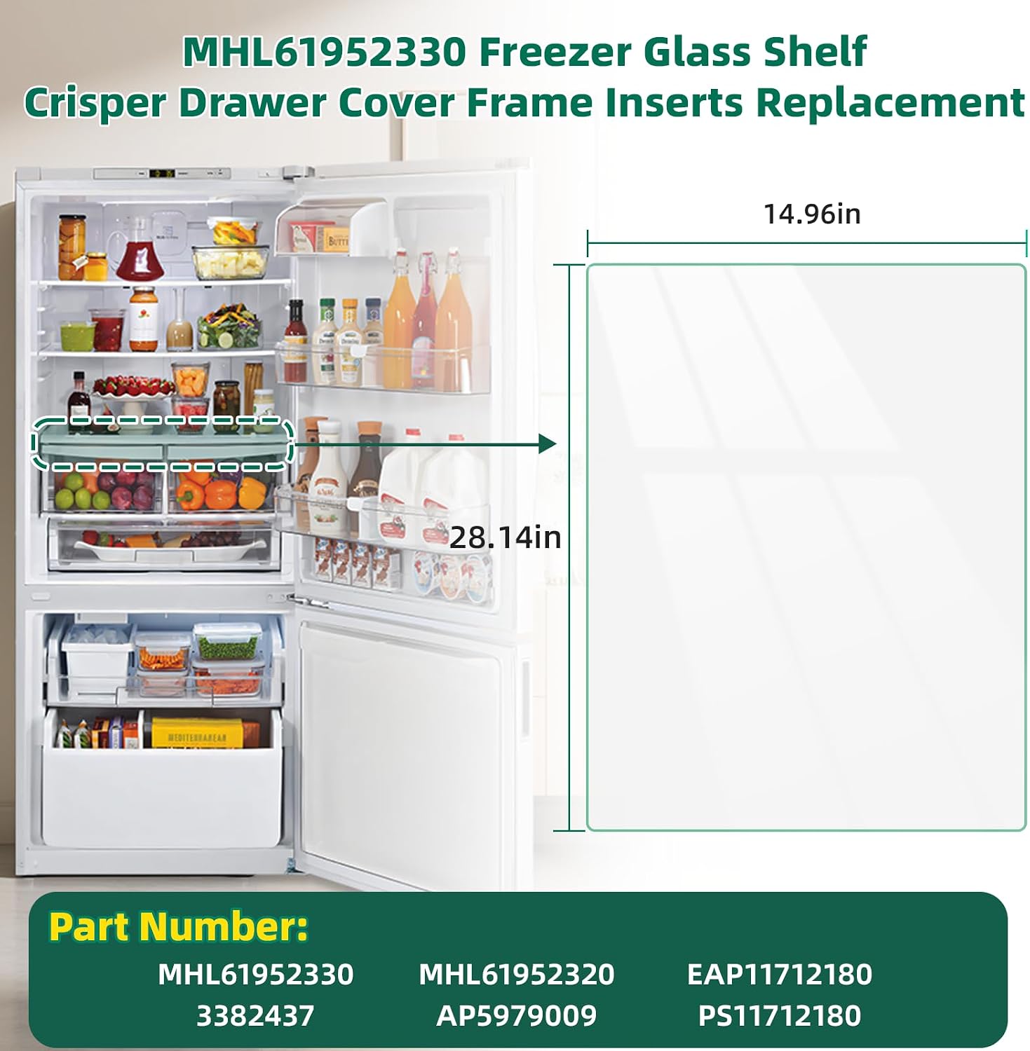 Detalle de POOLKEY MHL61952330 Refrigerator Glass Shelf, Tempered Crisper Cover