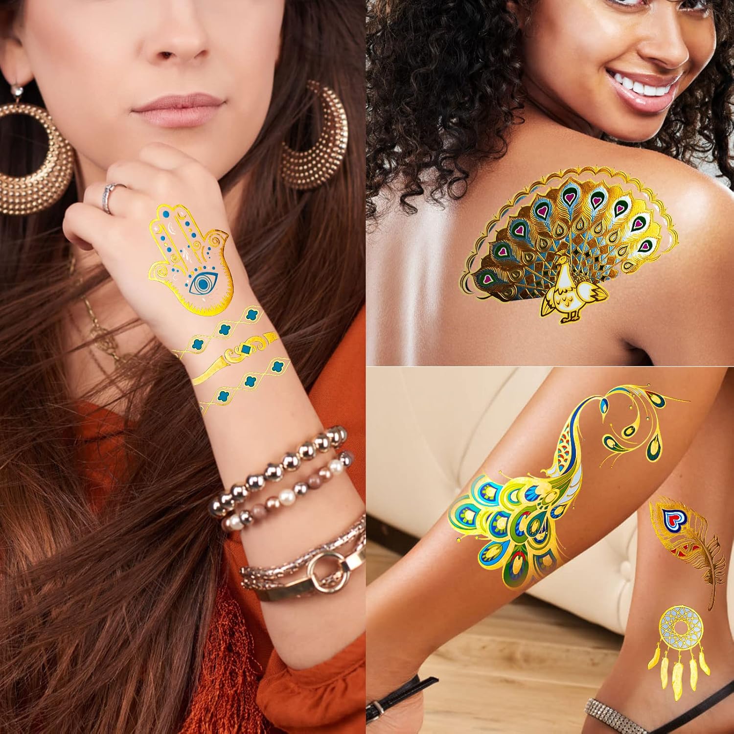 Thumbnail 2 de URAQT Tatouages temporaires mariage : 14 planches de tatouages éphémères métalliques