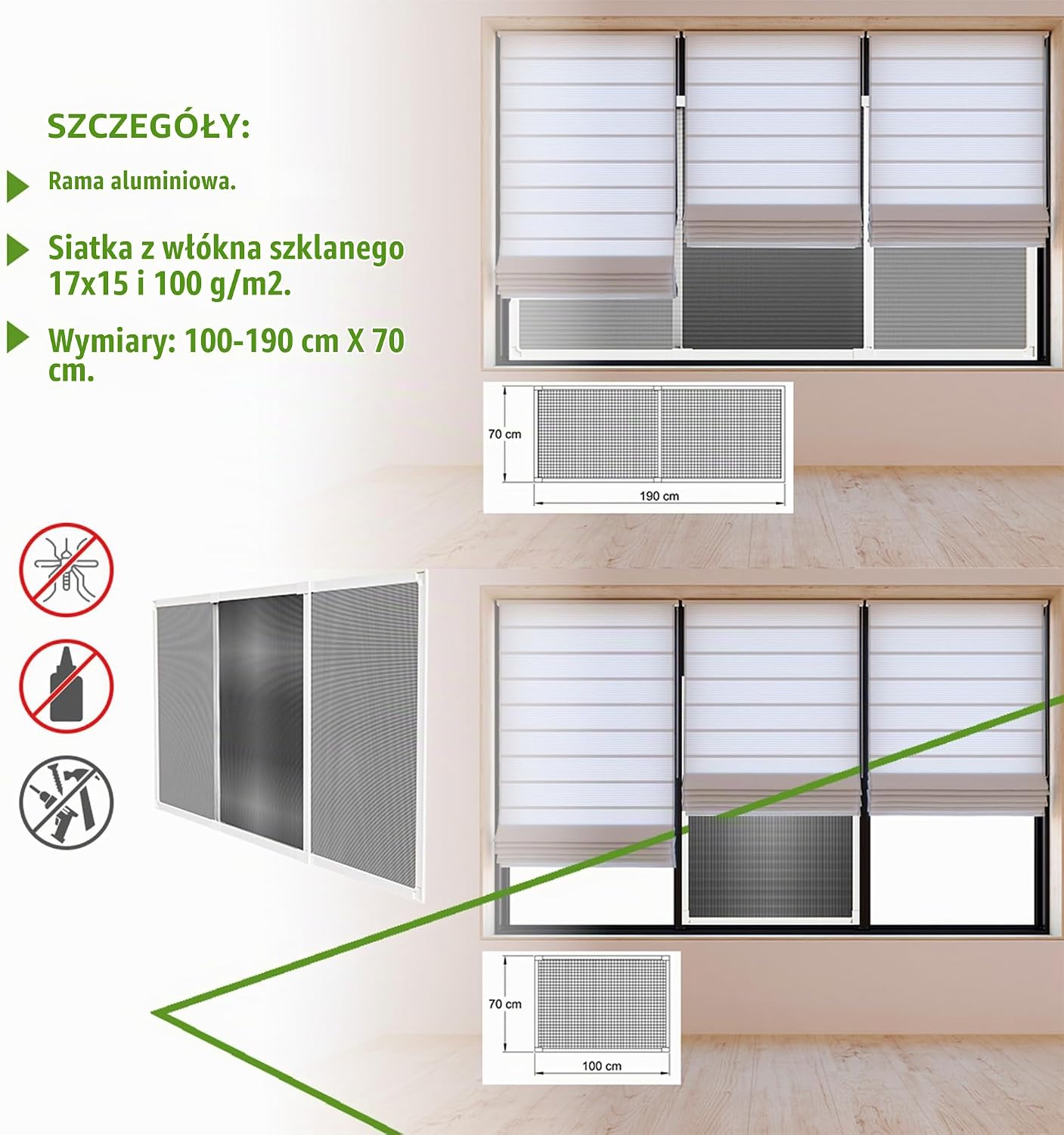 Detalle de Amig 100 x 70 cm – wysuwana moskitiera z aluminiową ramą i siatką z włókna szklanego