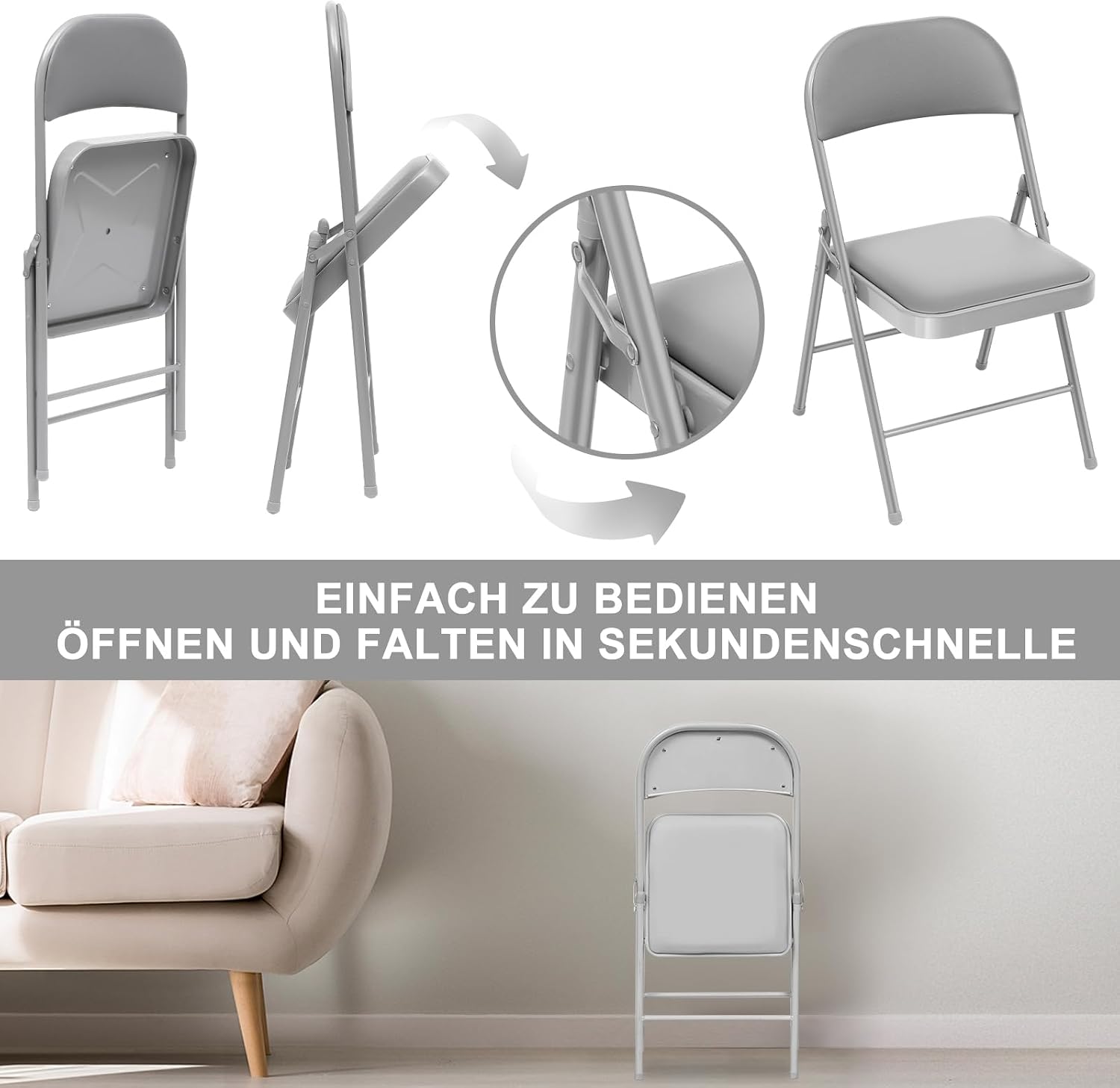 Detalle de BULAGE Klappstuhl 6er-Set gepolstert (Metall, stapelbar) bis 158 kg, klappbar für Garten & Gäste – Grau