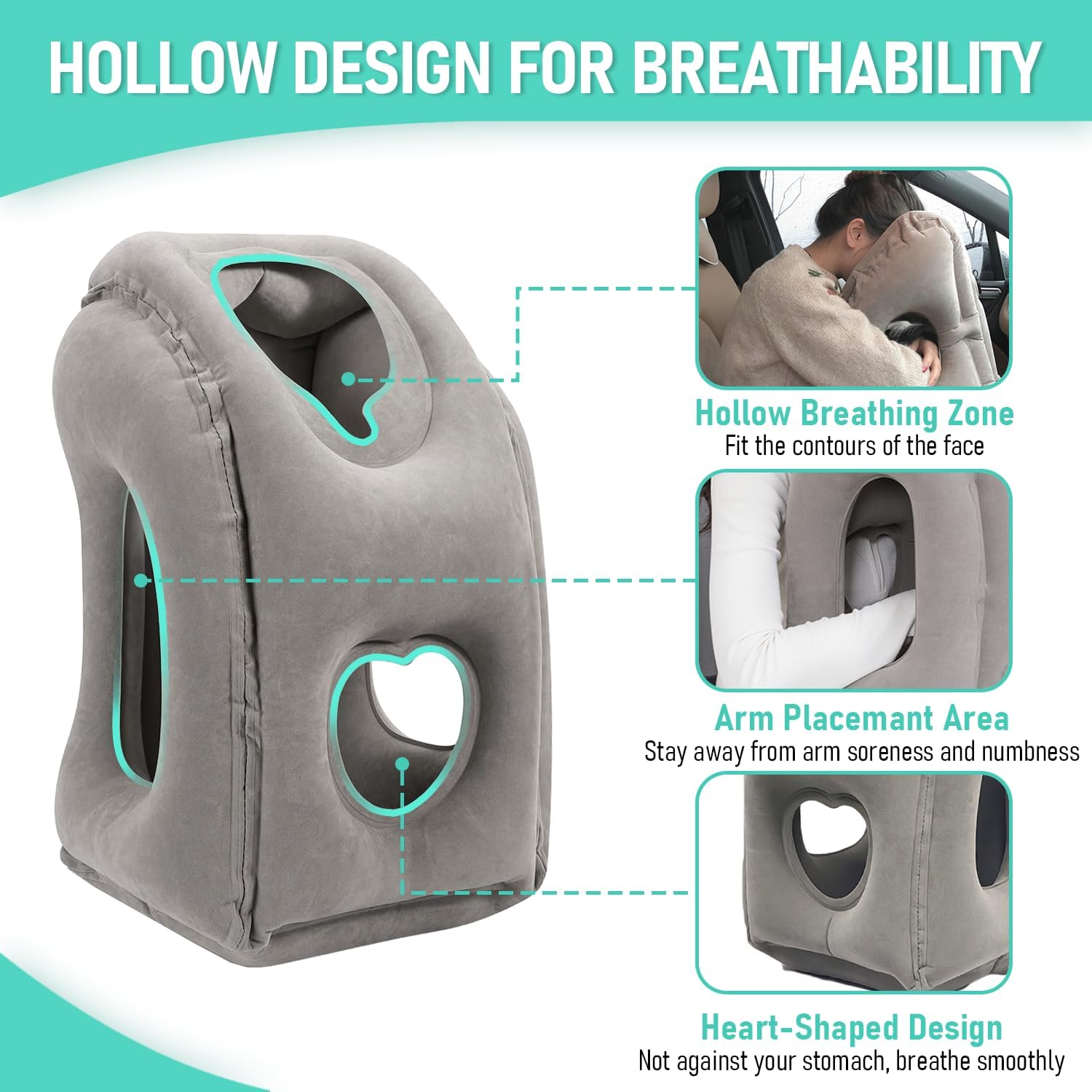 Detalle de 2 Pack Inflatable Travel Pillow for Airplane – Ergonomic Neck Support for Long Flights (Grey)