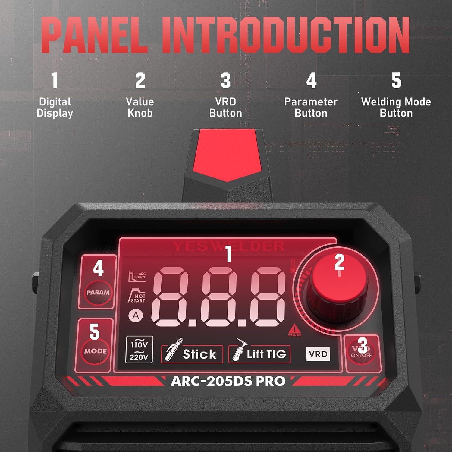 Detalle de YESWELDER 205Amp Stick Welder with Large LED Display and Lift TIG Torch