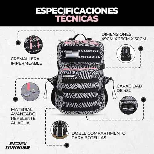 Detalle de ELITRAINX Mochila 45L Táctica Zebra: impermeable, cabina y formato para deporte