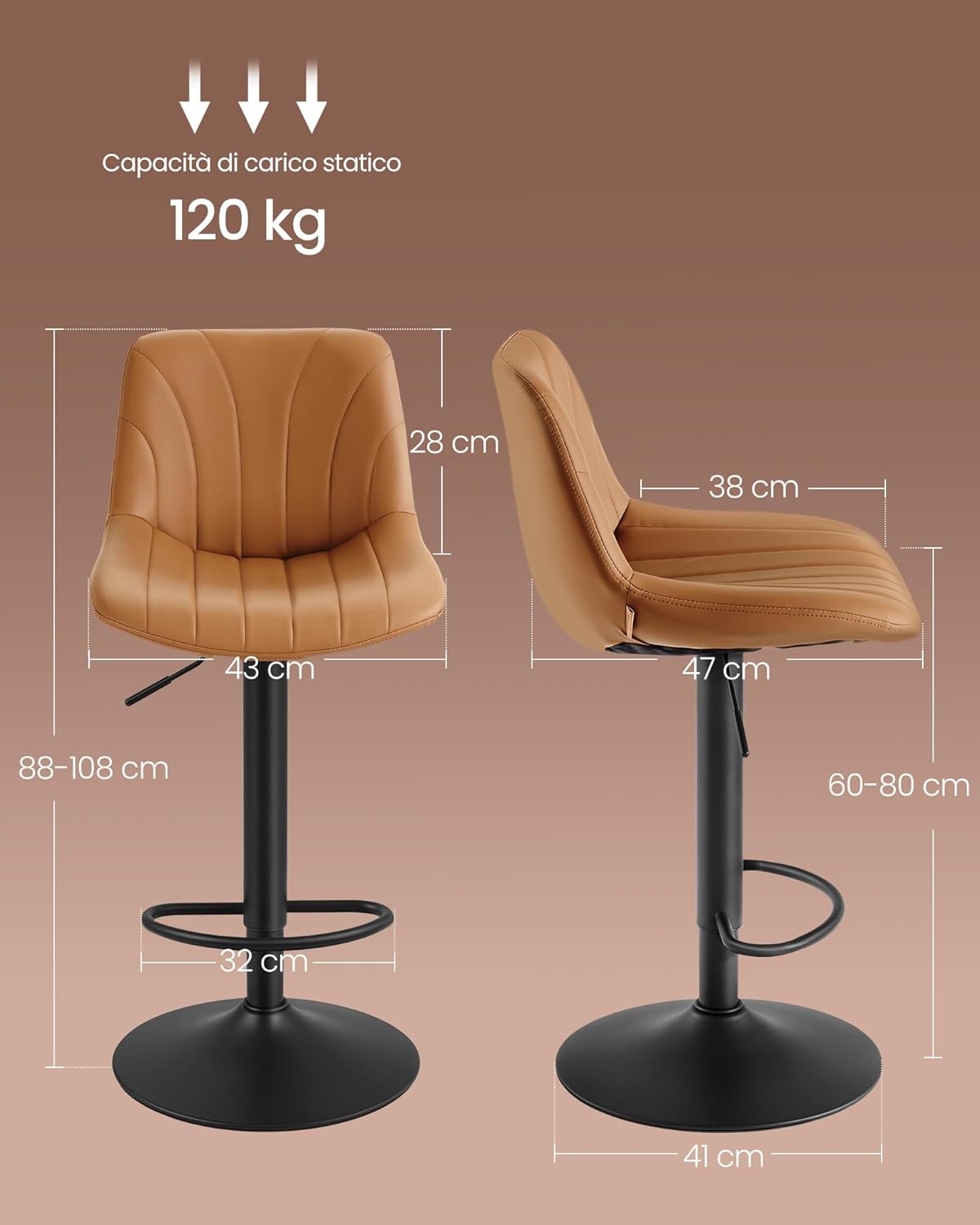 Thumbnail 2 de VASAGLE set di 2 sgabelli da bar con schienale, regolabili in altezza e girevoli 360° LJB181KN01 marrone caramello
