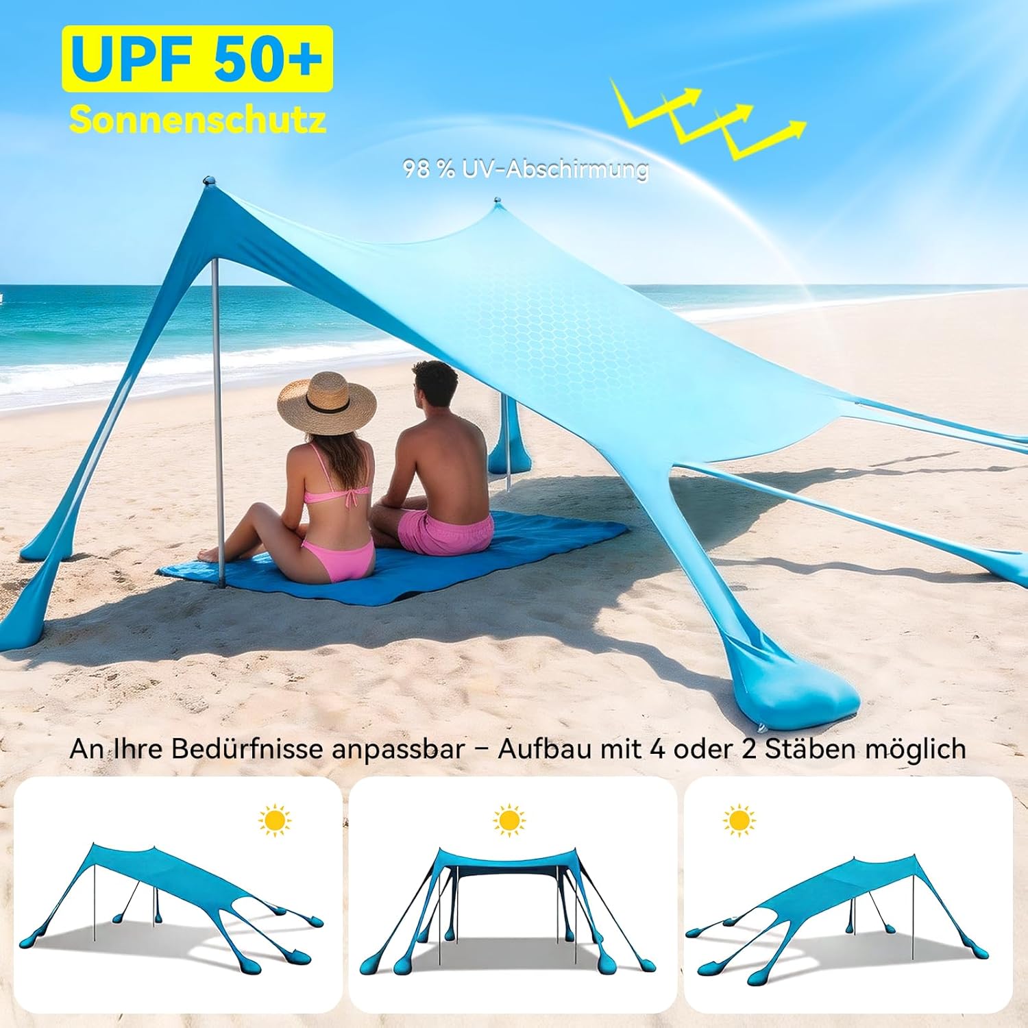 Thumbnail 1 de Purebox Strandzelt Strand Sonnensegel mit UPF 50+ – 10x10 ft, schneller Aufbau, inkl. 8 Sandsäcken