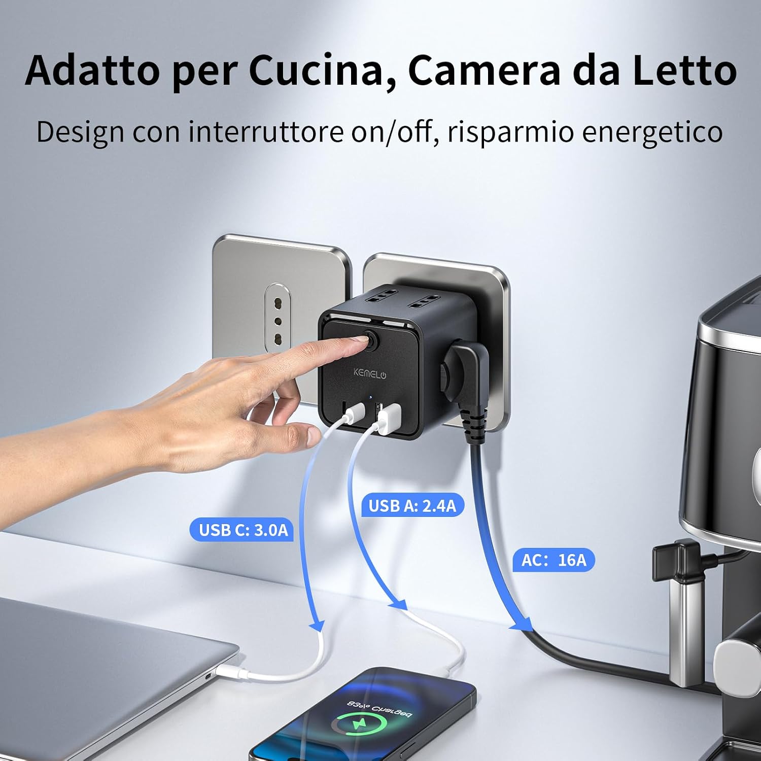 Detalle 2 de KEMELO Ciabatta elettrica 7 in 1 16 A