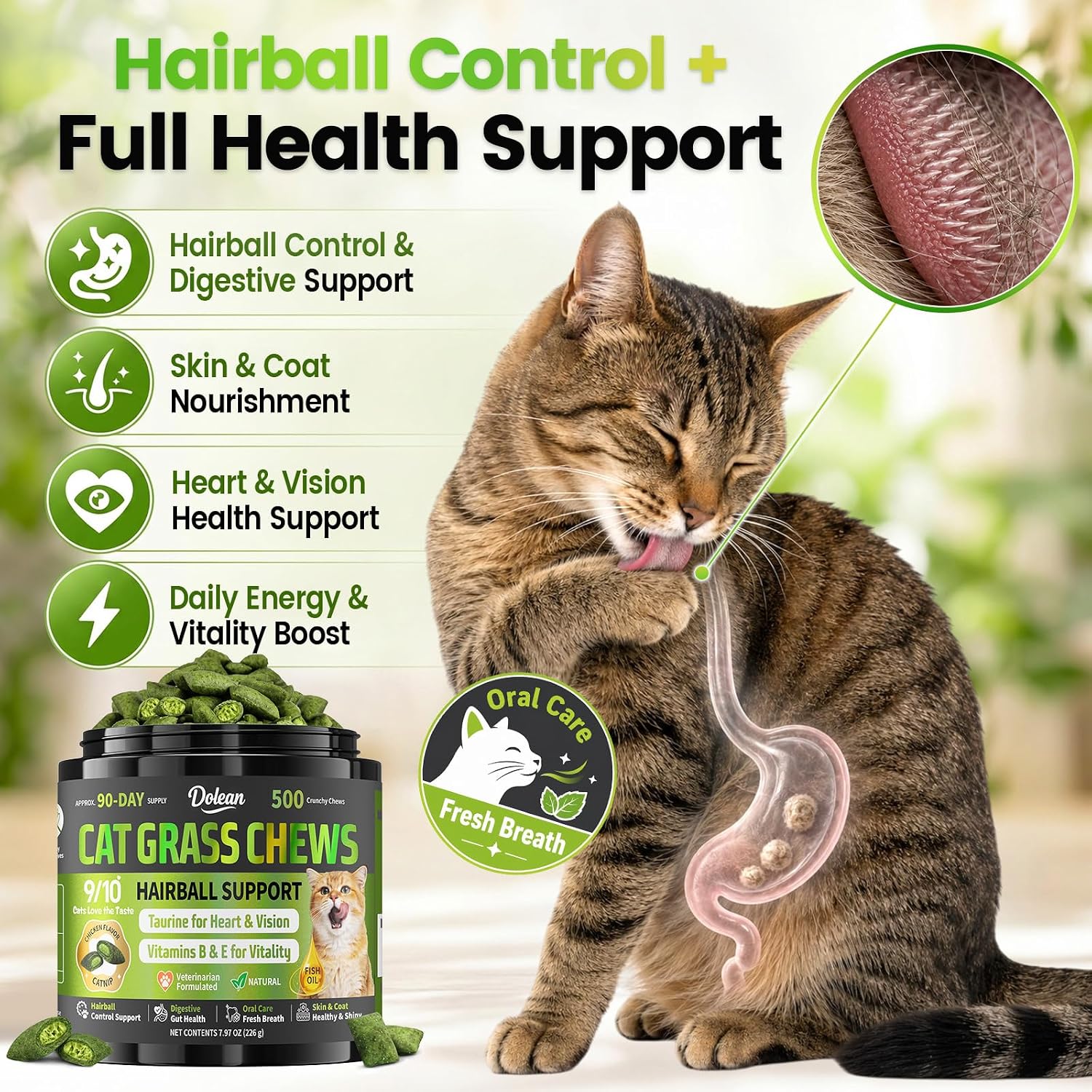 Detalle de Dolean A2-CW-095 Cat Grass Chews, 500-Count Chicken Hairball Treats