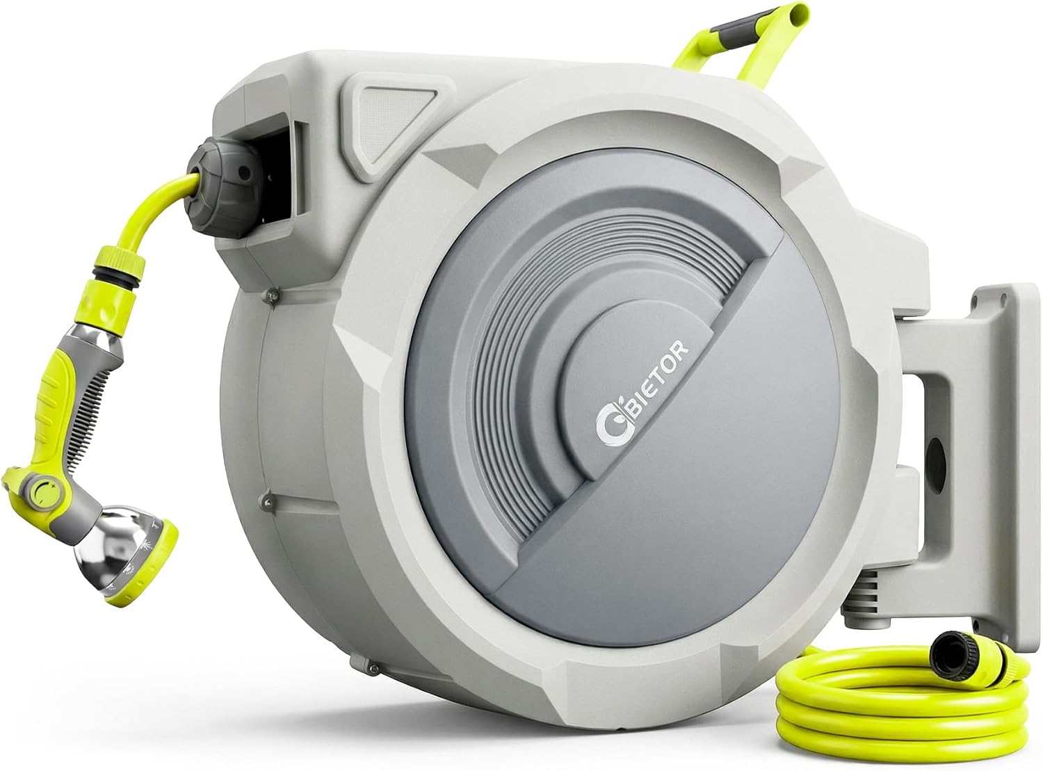 Detalle de Bietor Retractable Garden Hose Reel with 45m Main Hose + 2m Lead, UV-Resistant Wall Mount, 10-Pattern Nozzle, 180° Swivel, Slow Return
