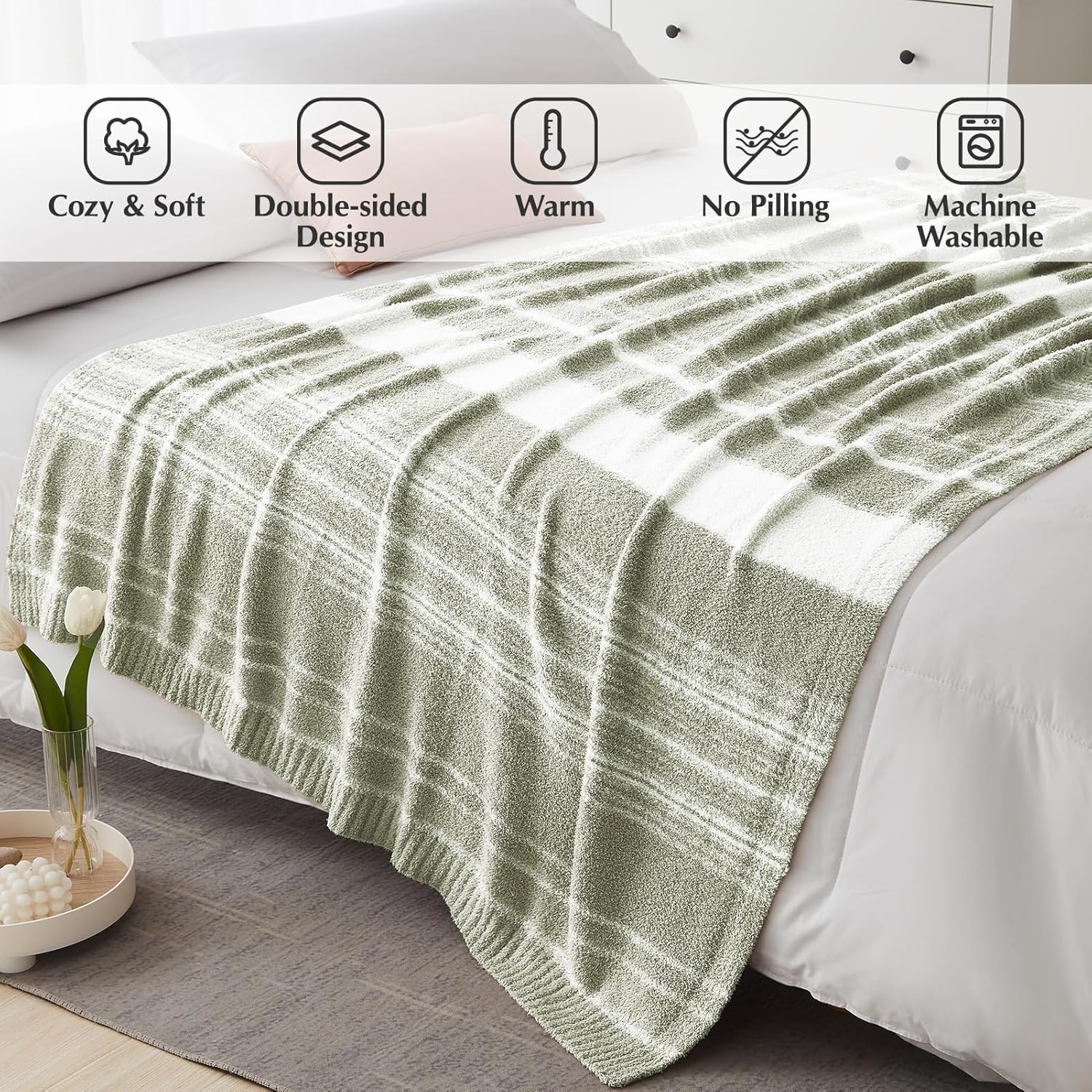 Thumbnail 1 de WRENGONGE Sage Green Throw Blanket, 50x70 – Soft Cozy Striped Microfiber Throw