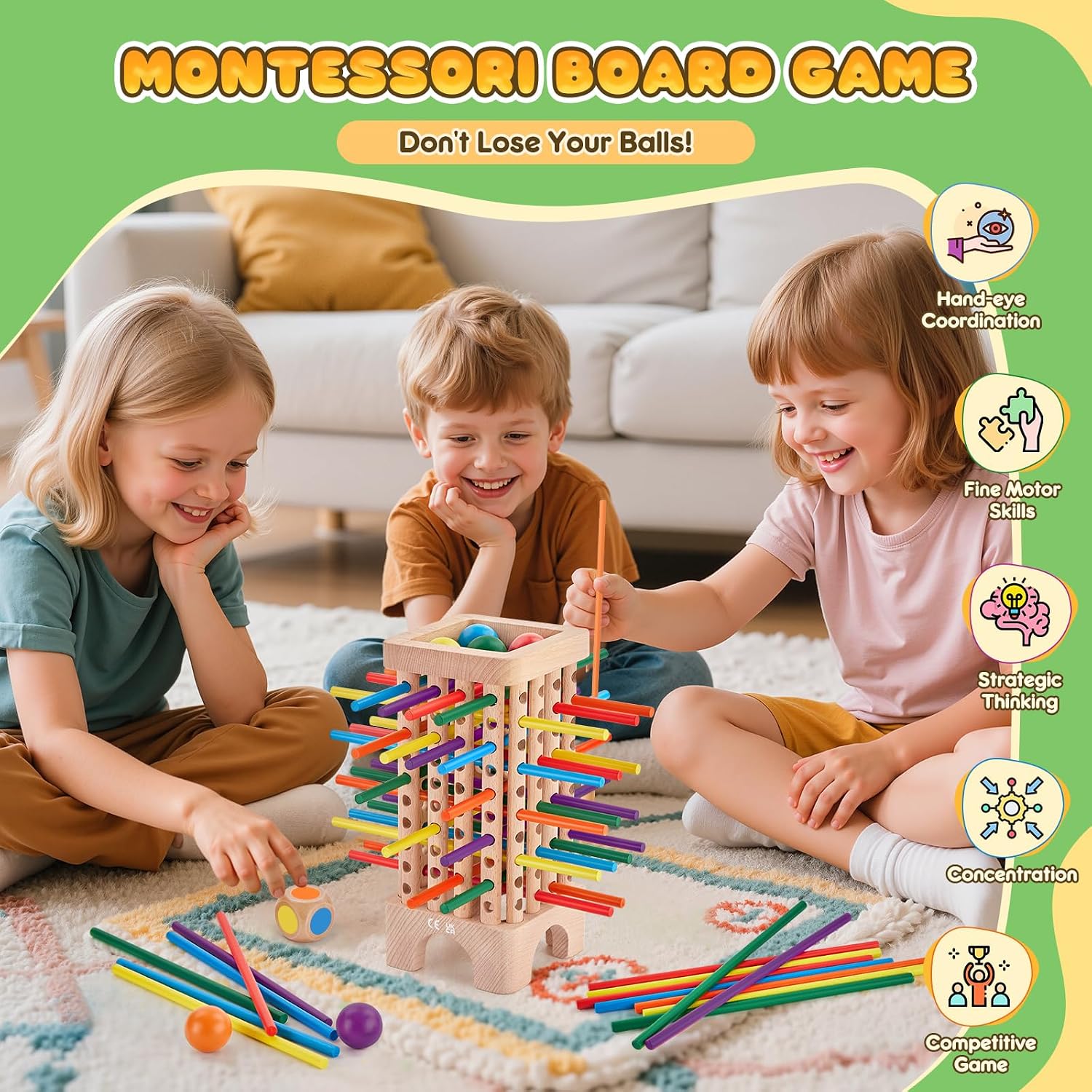 Detalle de Montessori Holz-Brettspiel mit 42 Stäbchen 🎲