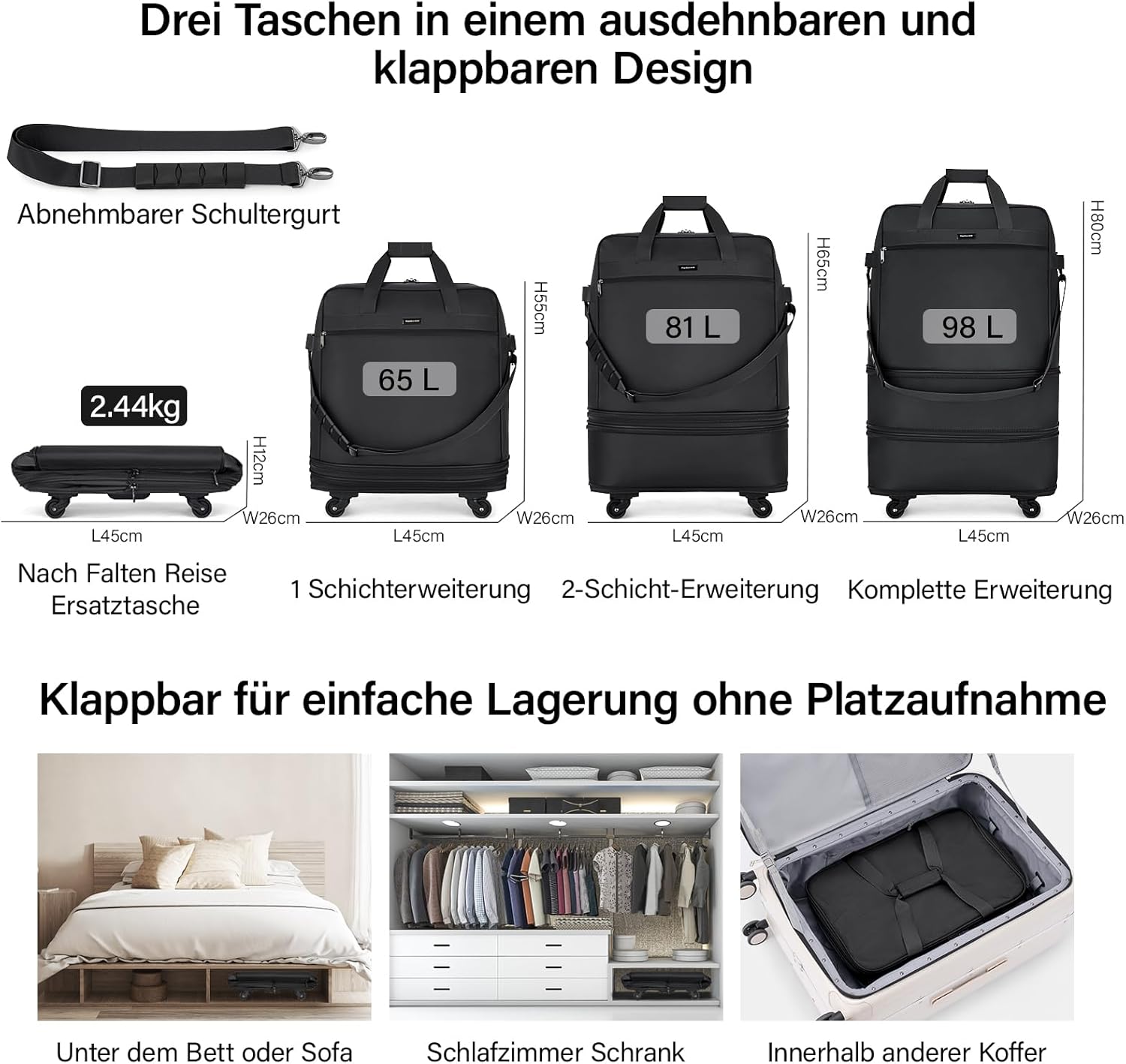 Detalle de Hanke Faltbarer Reisekoffer mit Rollen – 90 Liter, kompakt falbar, Schwarz