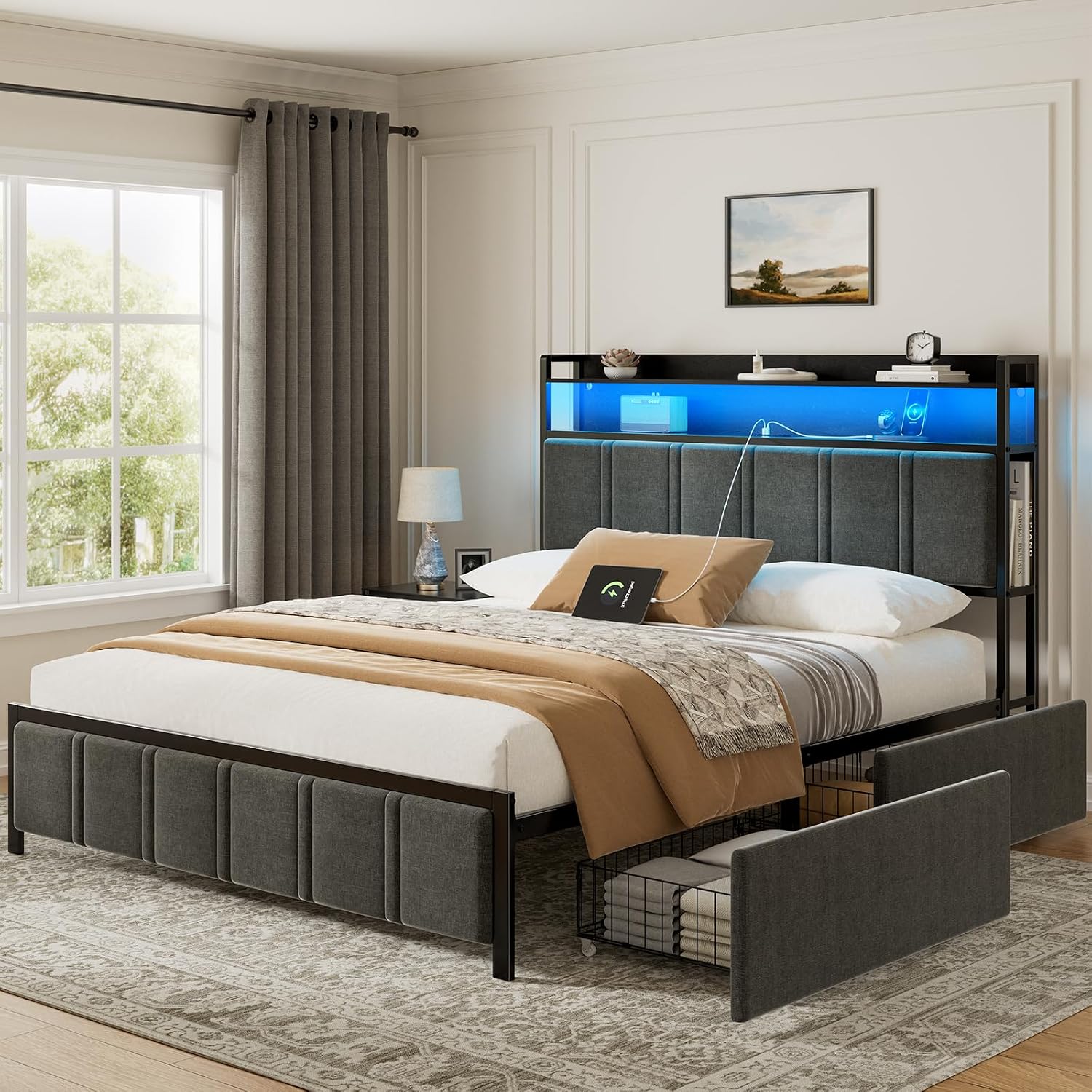 Detalle de Isometrics HB061GKGY Queen Bed Frame with Storage, Grey Upholstery and RGB LED