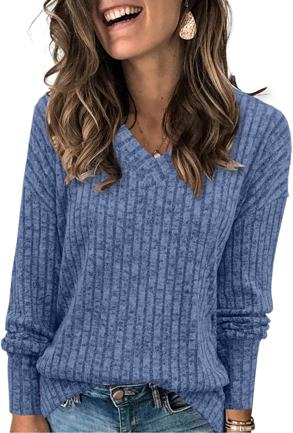 Detalle de Famulily Damen-Pullover mit V-Ausschnitt, Langarmstrick – vielseitig & bequem