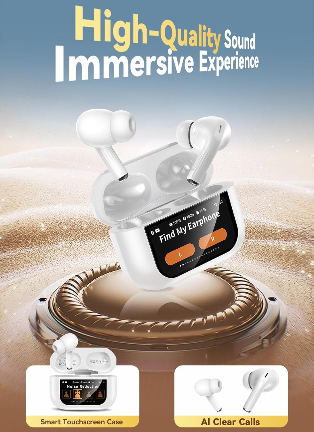 Thumbnail 4 de ZZU Wireless Earbuds (Bluetooth 5.4) with Smart Touch Screen Charging Case, ENC Noise Cancelling, 48H Playtime – White