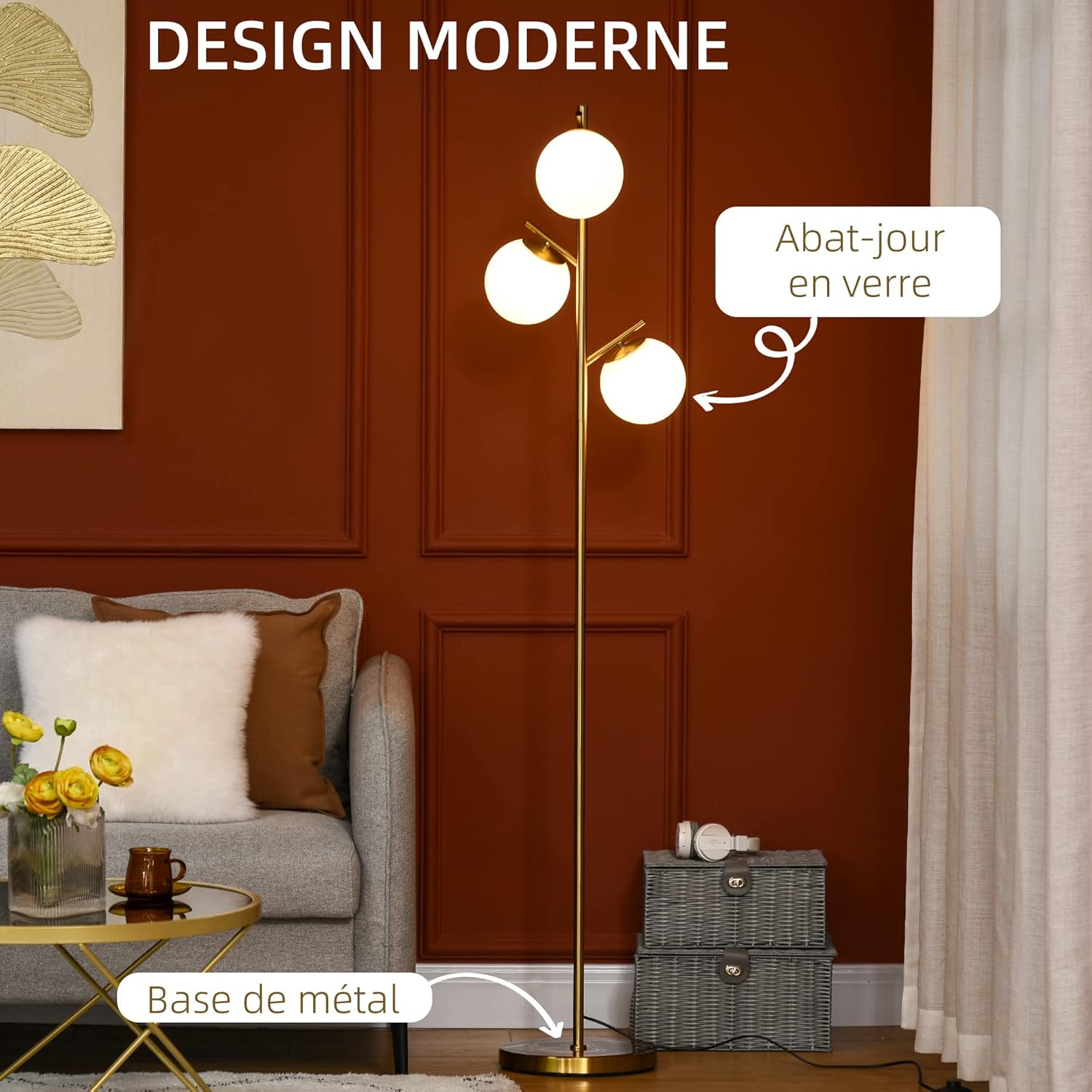 Thumbnail 2 de HOMCOM Lampadaire sur pied design art déco doré avec 3 globes en verre dépoli Ø 27 x 169 cm