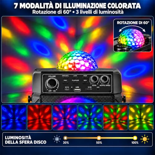 Detalle de Gralal karaoke portatile con 2 microfoni wireless, speaker da 20 W e sfera luminosa regolabile