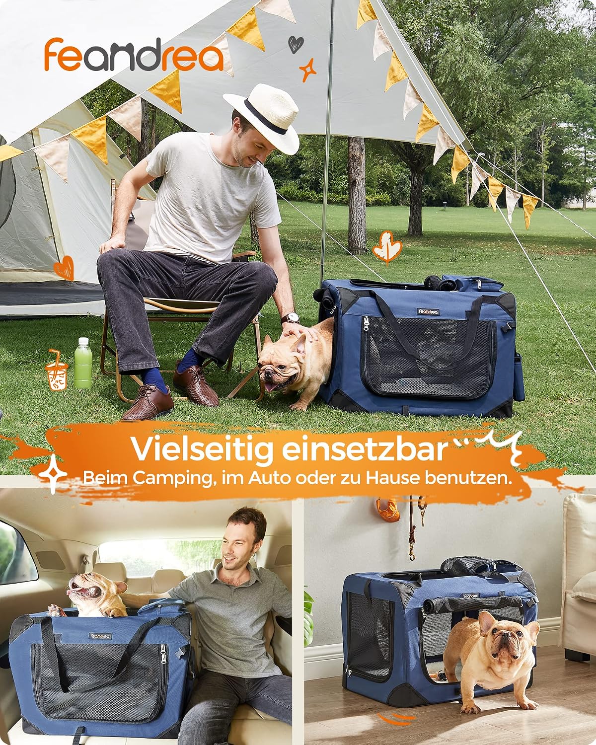 Detalle de Feandrea faltbare Hundebox M 60×42×42 cm – Transportbox mit Netzstoff, Metallrahmen und Tragegriffen (dunkelblau)