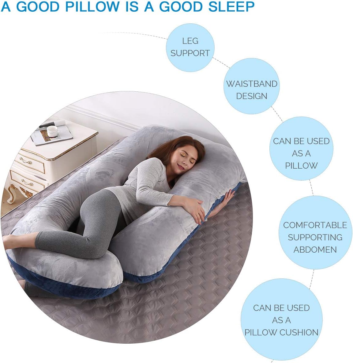 Thumbnail 1 de Coussin de grossesse en forme de U (G) avec housse velours lavable – Coussin d’allaitement bleu marine et gris