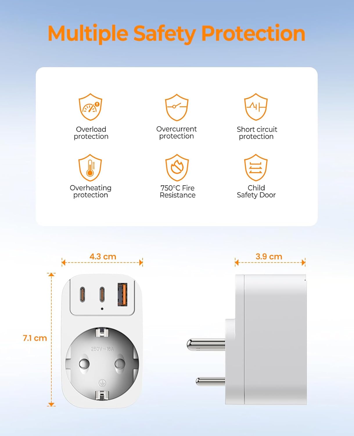 Thumbnail 4 de THUNIX Adaptateur voyage France vers Inde 4 en 1 avec 3 USB (2 Type C) et prise Type D