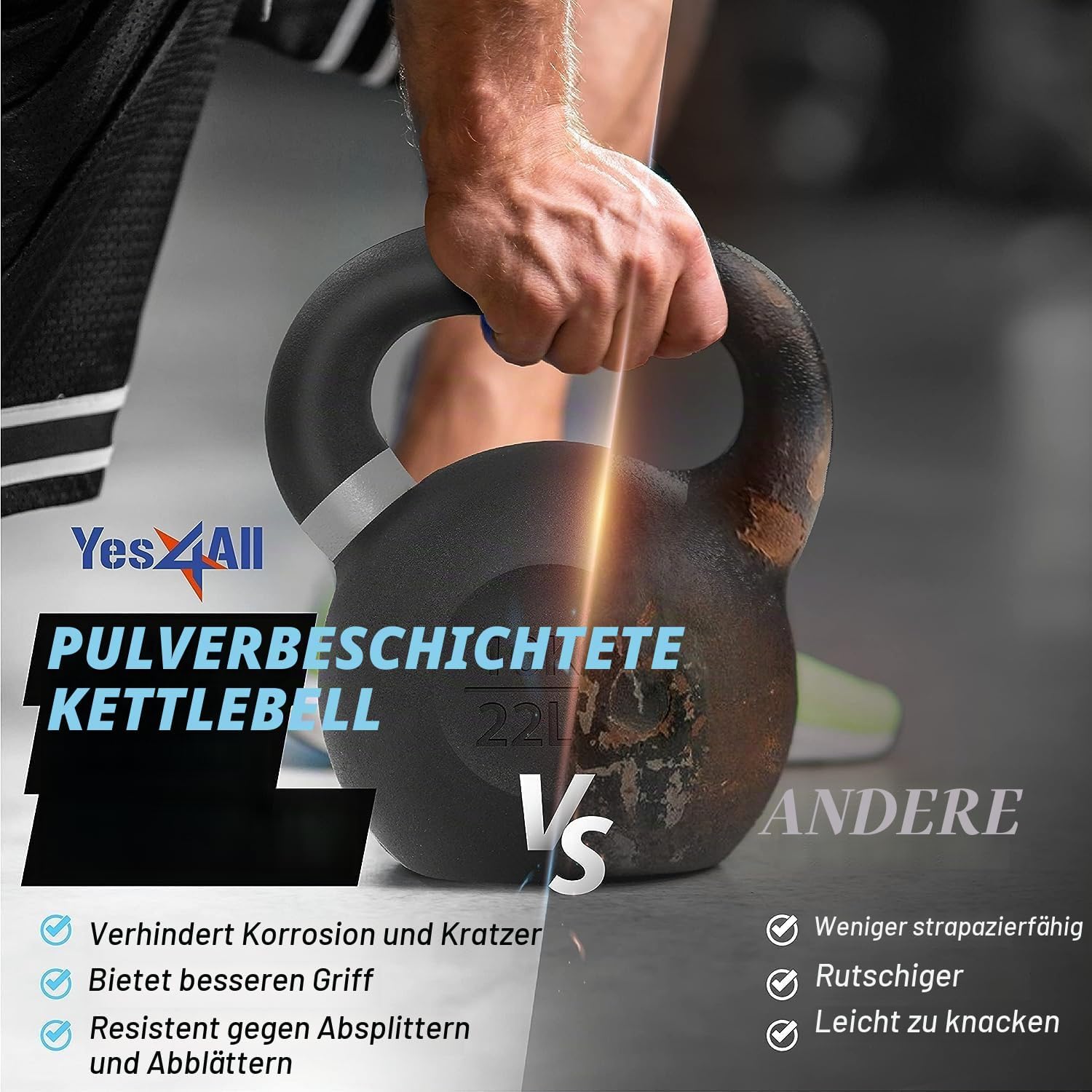 Detalle 2 de Yes4All Kettlebell aus Gusseisen, 4–32 kg, pulverbeschichtet – farbcodeierte Ringe