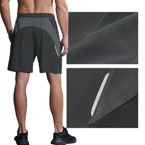 Detalle 2 de HMIYA Sporthose Herren Kurz mit Reißverschlusstasche – Dunkelgrau, XXL