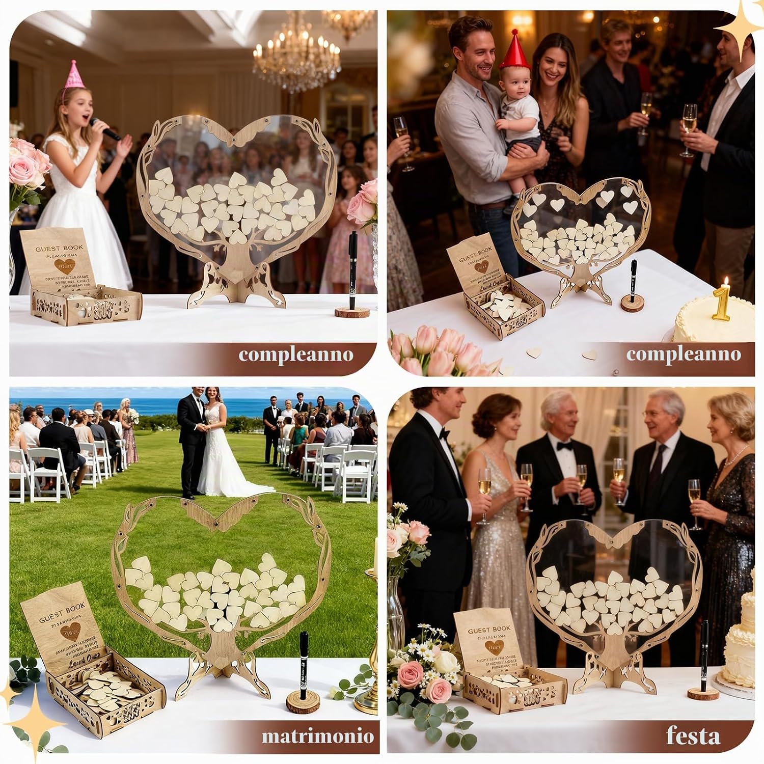 Thumbnail 6 de Eirolace Set Decorazioni Matrimonio Cuore in Legno: 100 Cuori, Scatola Portaoggetti e Libro degli Ospiti
