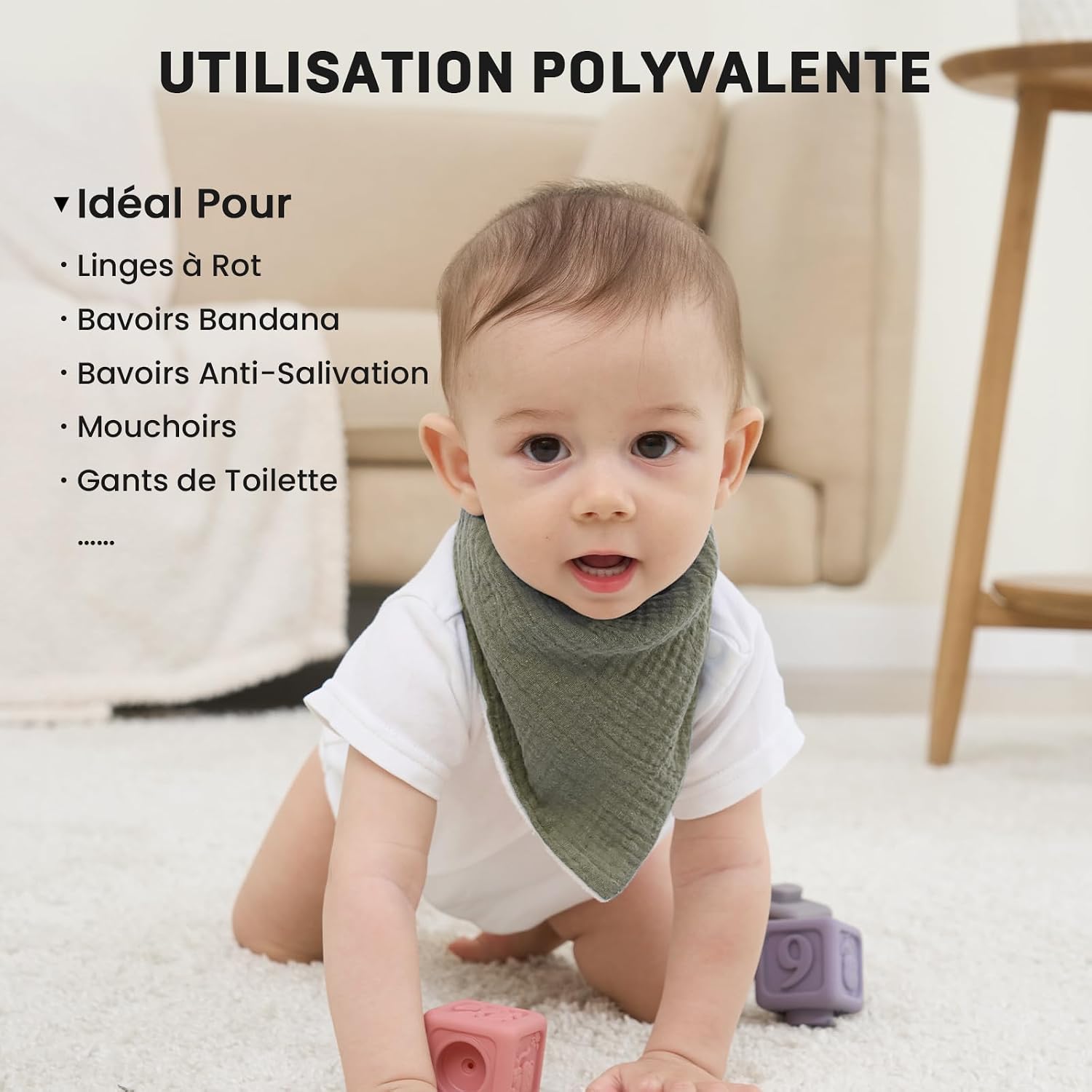 Thumbnail 4 de IKWOLETI Bavoirs Bébé Naissance Mousseline – Pack de 8 bandanas absorbantes et ajustables