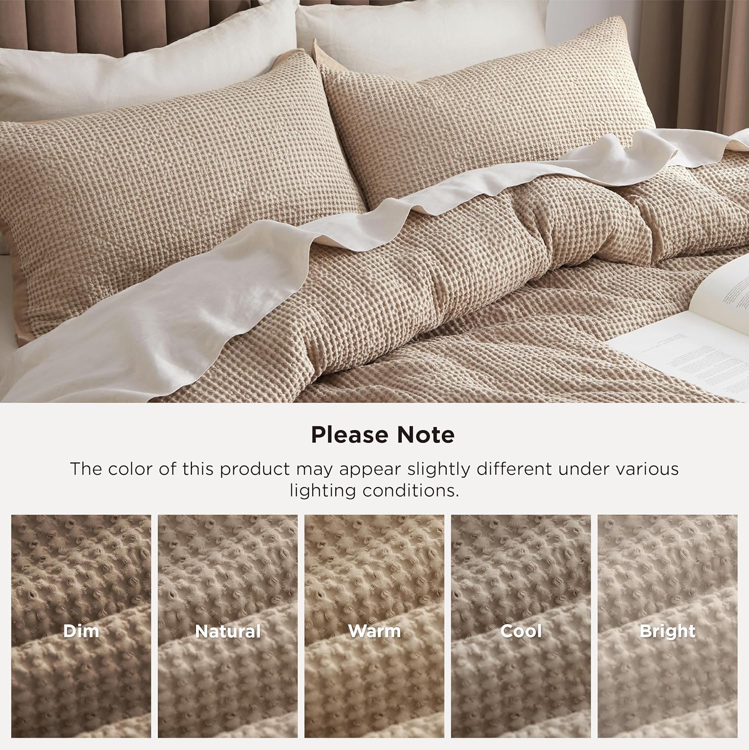 Thumbnail 4 de Bedsure PureWoven King Cotton Waffle Duvet Cover Set, Khaki, 3-Piece
