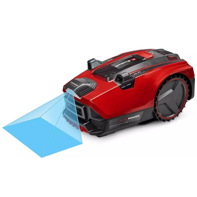 Detalle de Einhell Flexo Cam Plus 600: robot cortacésped para hasta 600 m² con control por Wi‑Fi y modo ECO