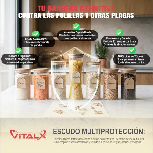 Detalle 2 de VITALX Pack Ahorro 15 Trampas Polillas de Alimentos – Sin Tóxicos, Seguridad para Despensa y Cocina