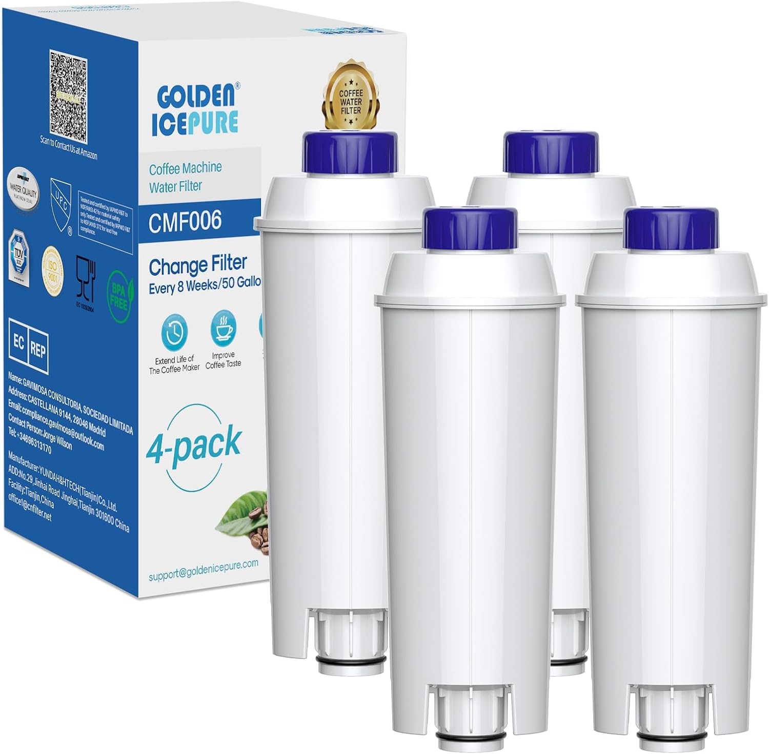 Detalle de GOLDEN ICEPURE CMF006 Water Filter for De’Longhi Machines, Pack of 4