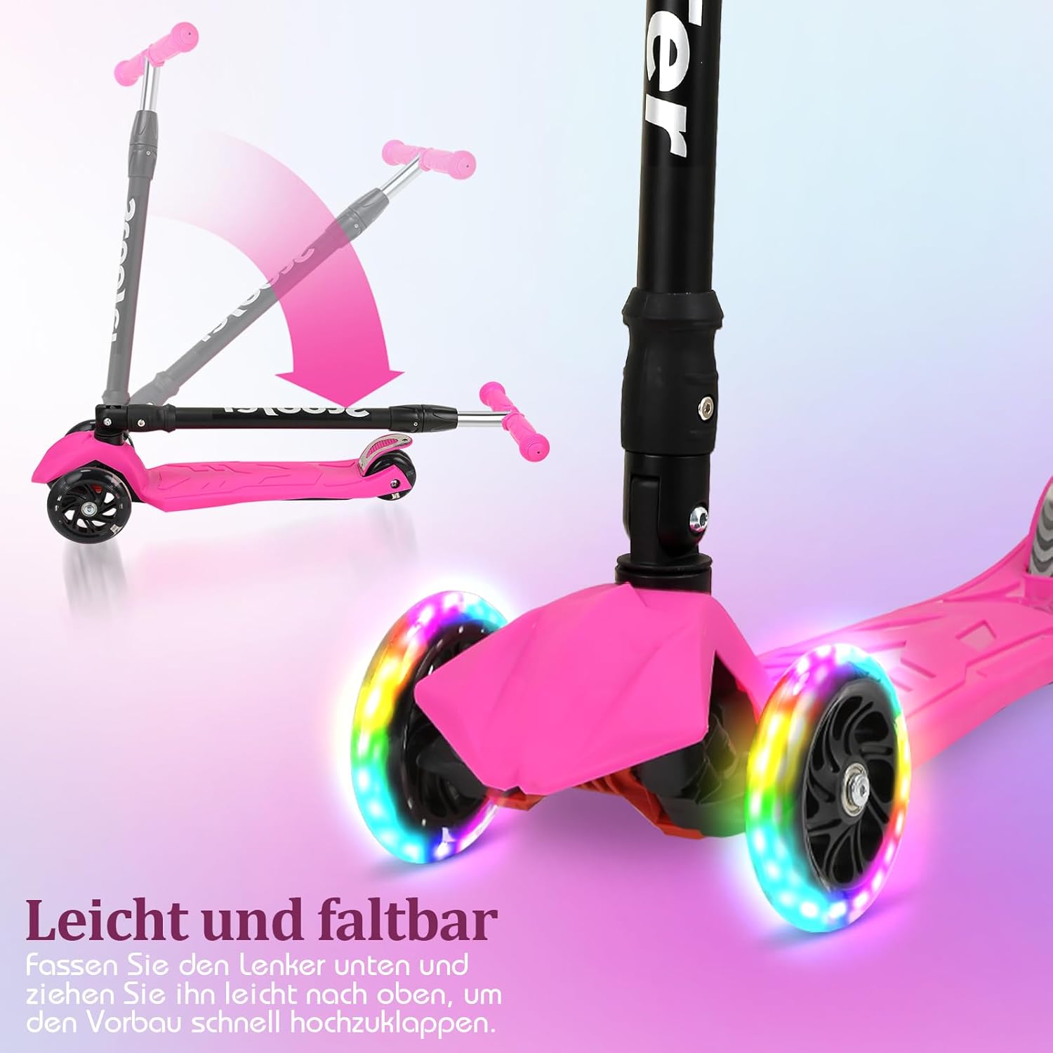 Detalle de Fiqops Monopattino per bambini 3–12 anni: ruote LED, altezza regolabile e pieghevole