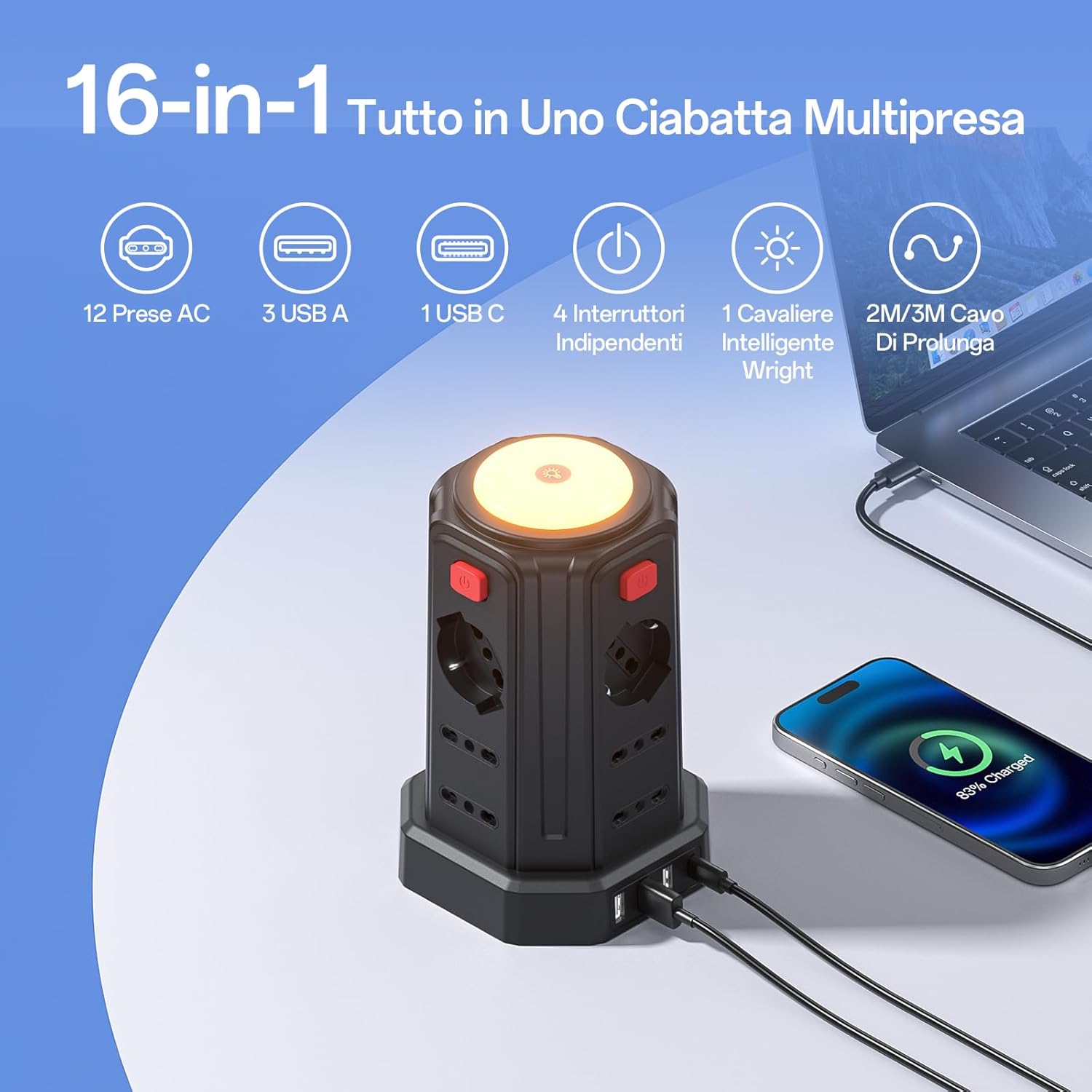 Thumbnail 1 de 3M Ciabatta elettrica multipresa verticale con luce notturna e 12 prese universali (IT/Schuko) + 4 USB