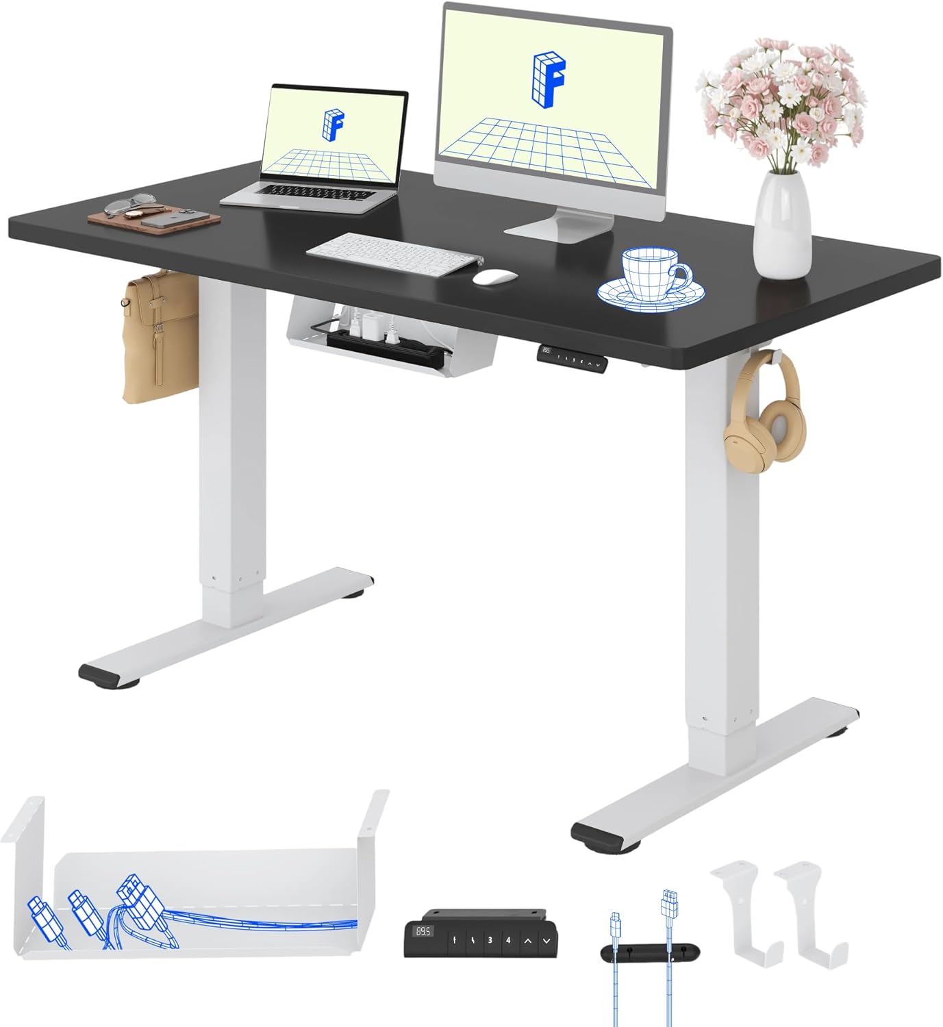 FlexiSpot 2 moteurs bureau assis-debout électrique 120x60 (blanc/noir) avec mémoire