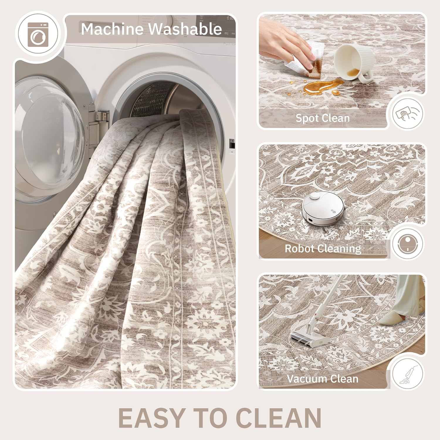 Thumbnail 6 de Soalmost Washable Round Rug 8ft: Soft, Non-Slip Floral Circle Carpet for Living Room