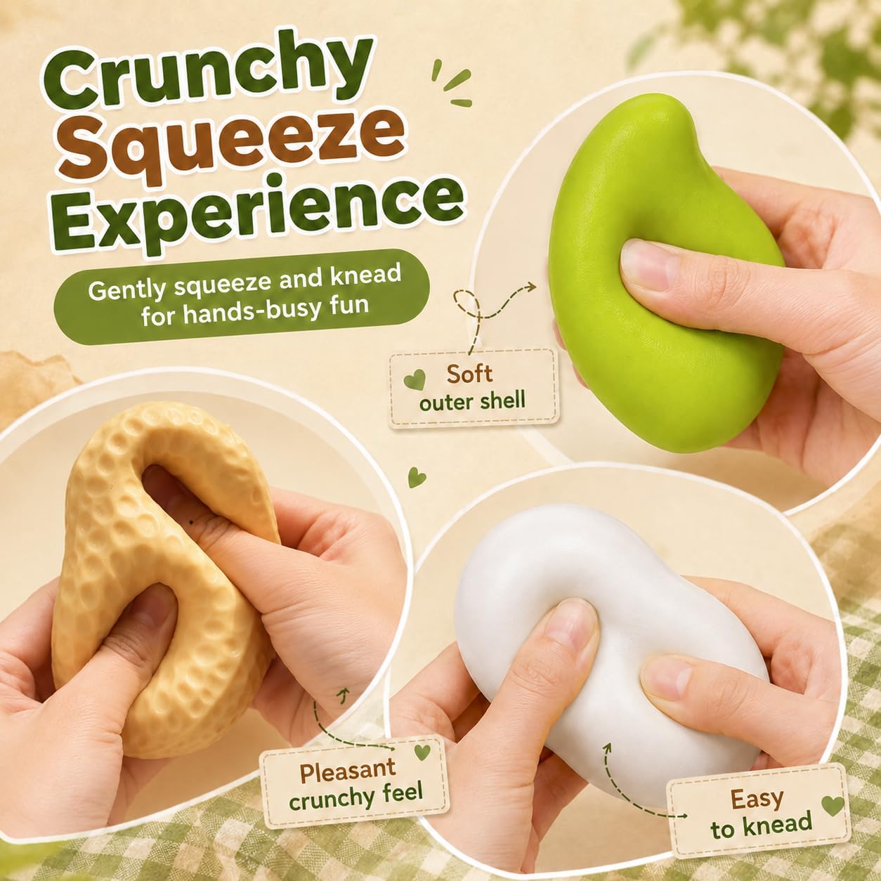 Detalle 2 de WAZNFYV 3-Pack Crunchy Squishy Toys, Mango, Peanut & Soap Shapes