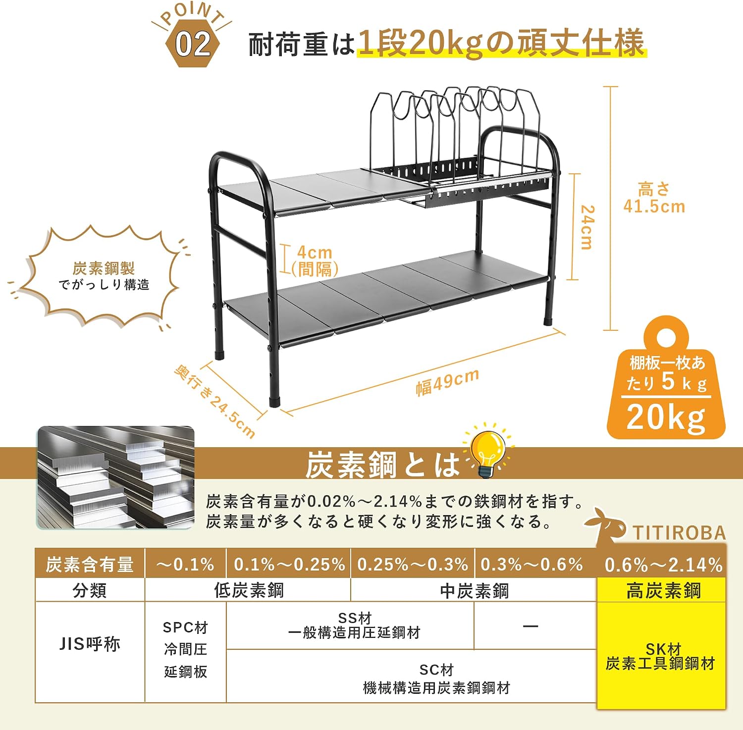 Detalle de チチロバ 25CA051 シンク下収納ラック 伸縮2段・鍋フライパンスタンド付き 幅49~88cm