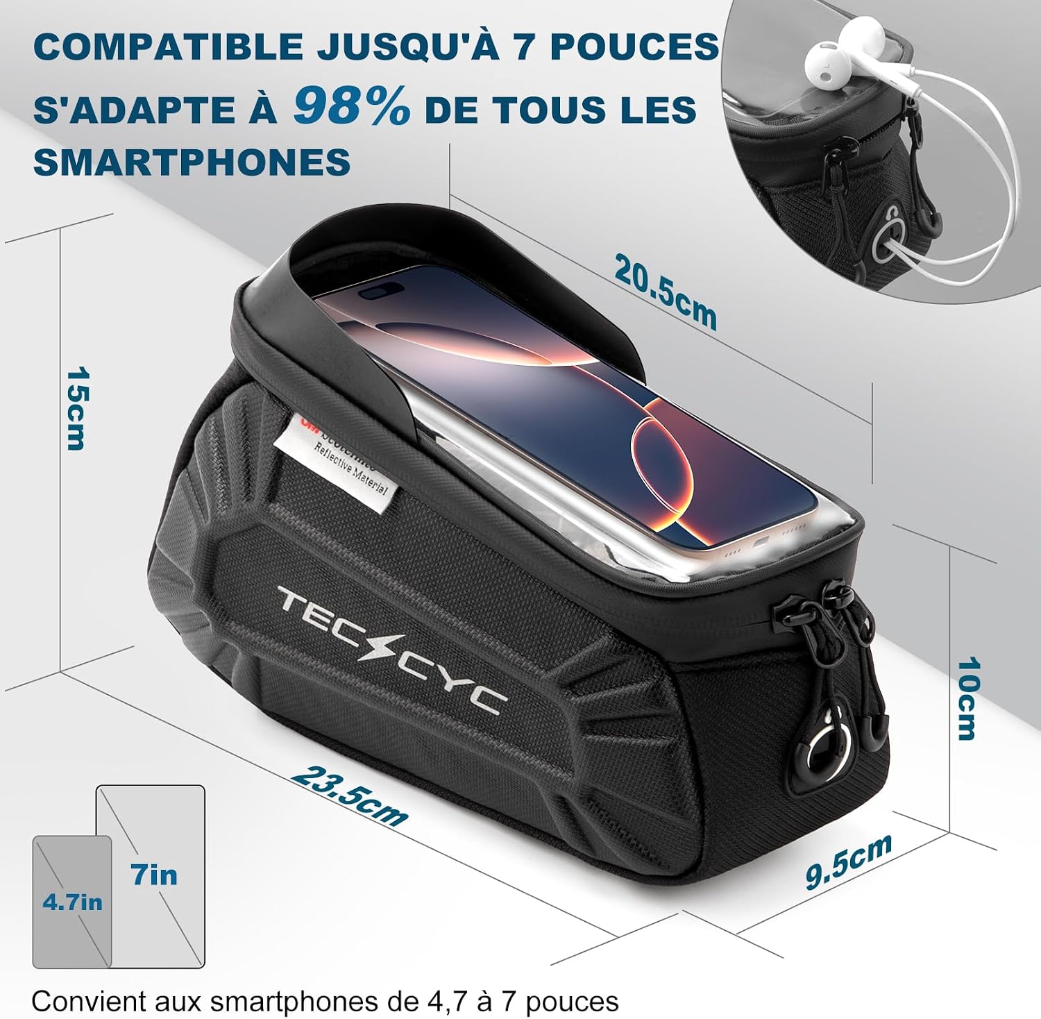 Detalle de TECHCYC Sacoche de cadre vélo avec écran tactile TPU et réflecteurs, pour smartphone jusqu’à 7 pouces