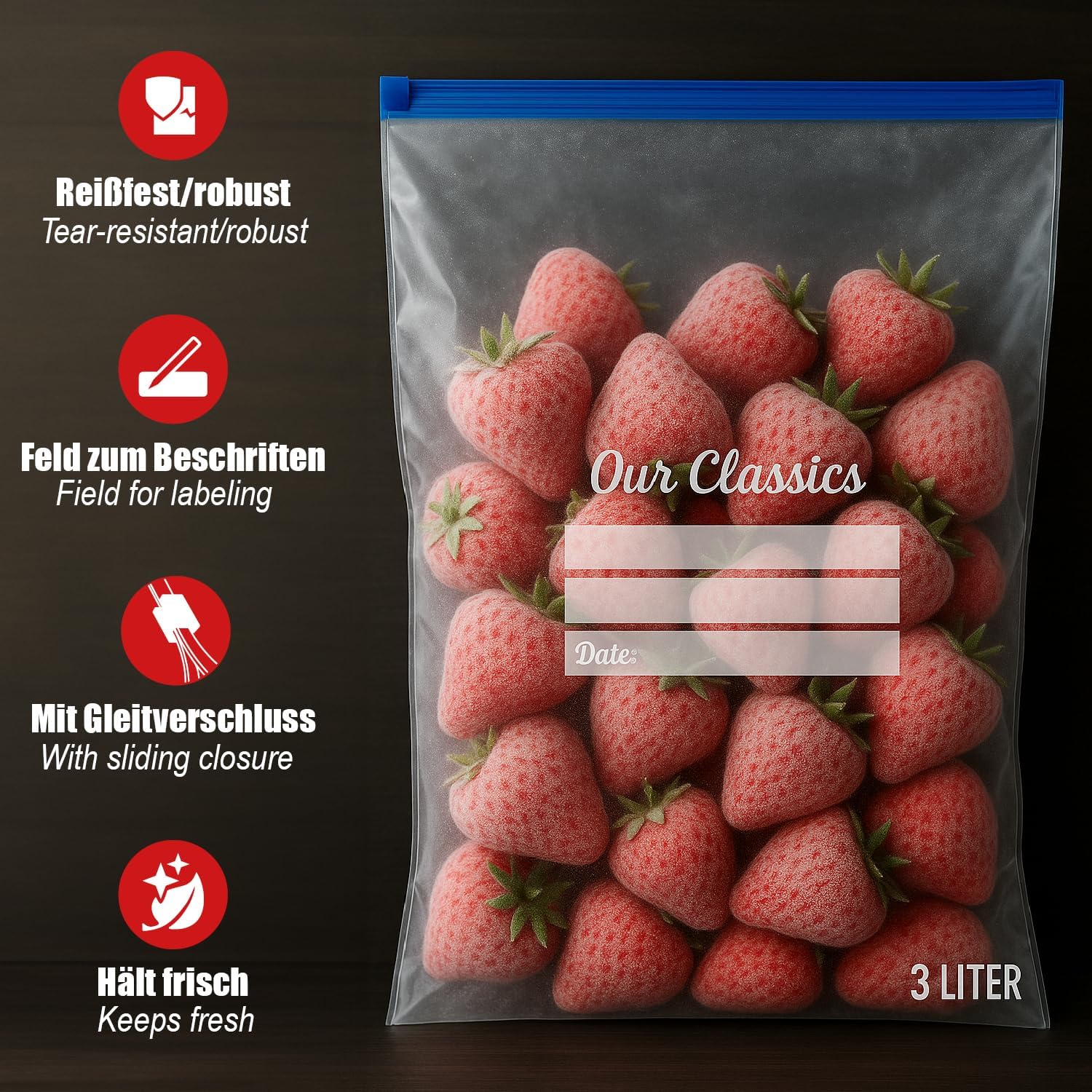 Thumbnail 1 de com-four® 60x Sacs congélation 3L avec fermeture – Pochettes réutilisables pour conservation des aliments