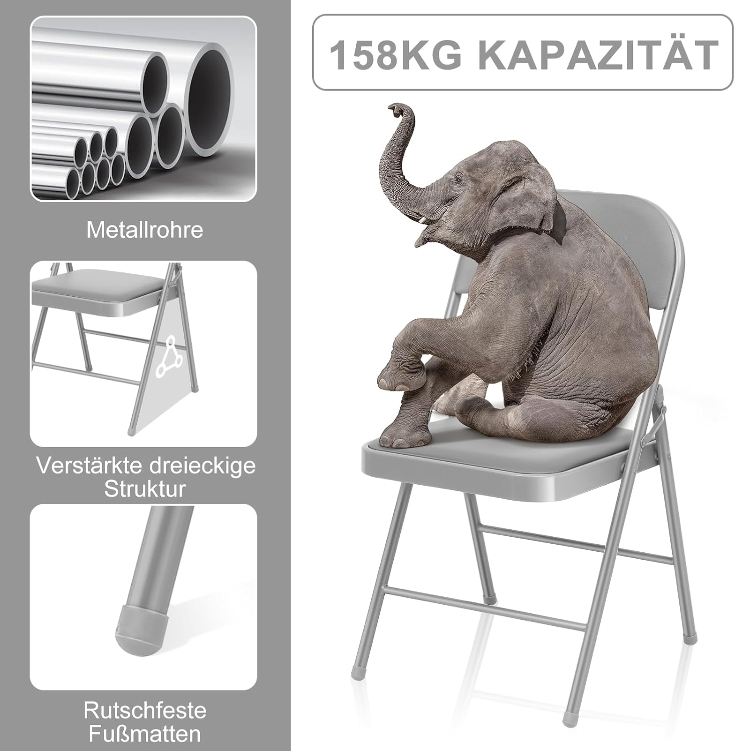 Detalle de BULAGE Klappstuhl 6er-Set gepolstert (Metall, stapelbar) bis 158 kg, klappbar für Garten & Gäste – Grau