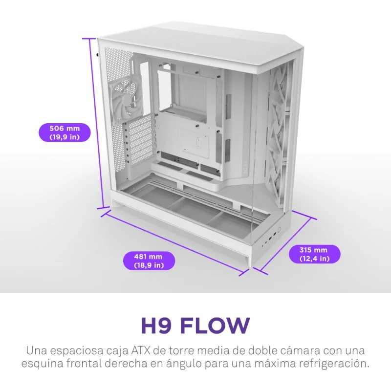 Detalle de NZXT H9 Flow Blanco — caja ATX con ventana